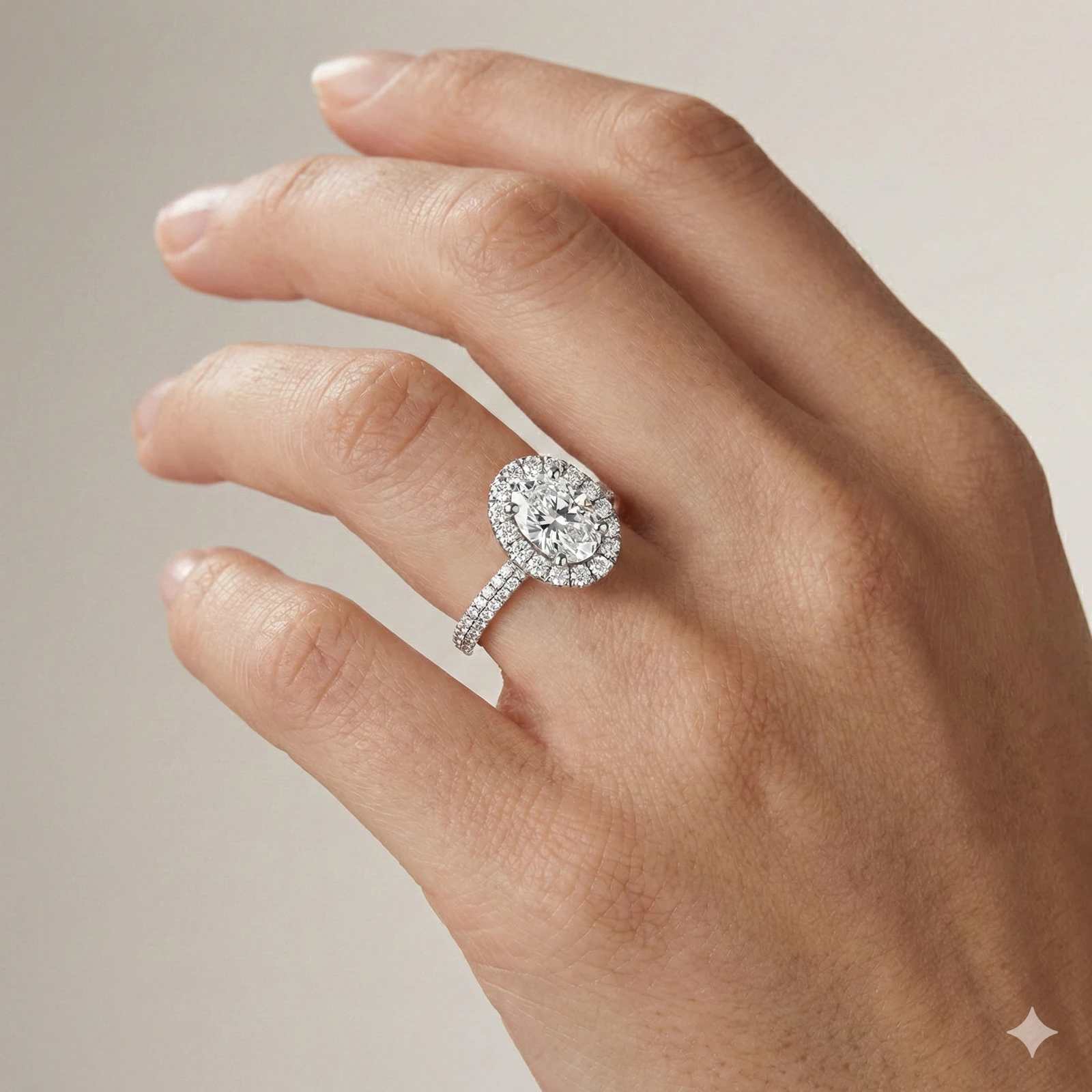 Oval cut diamond engagement ring in 14k white gold with a pavé diamond band and solitaire setting on a hand