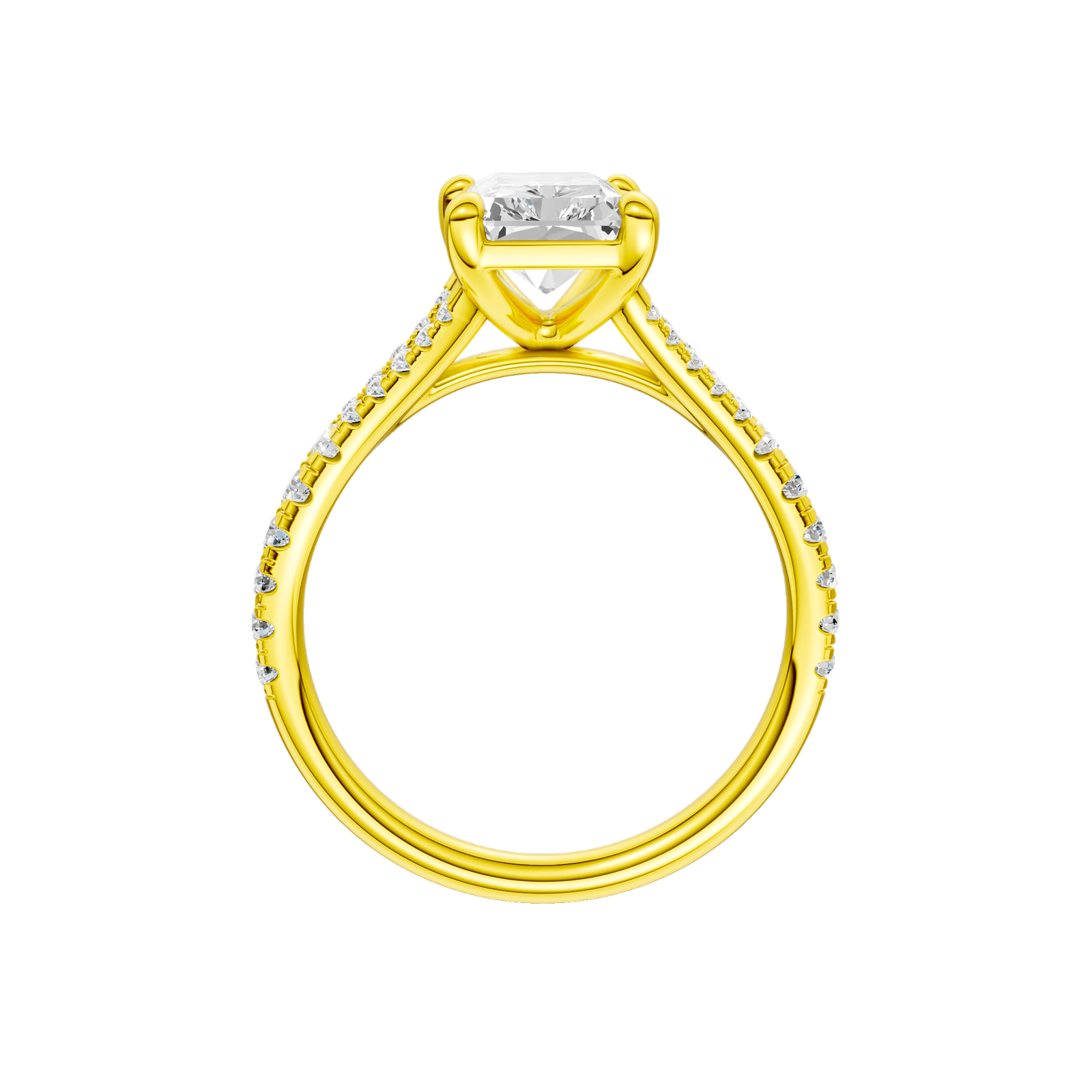 A profile view of the Radiant cut diamond engagement ring in 14k yellow gold with a diamond band and solitaire setting