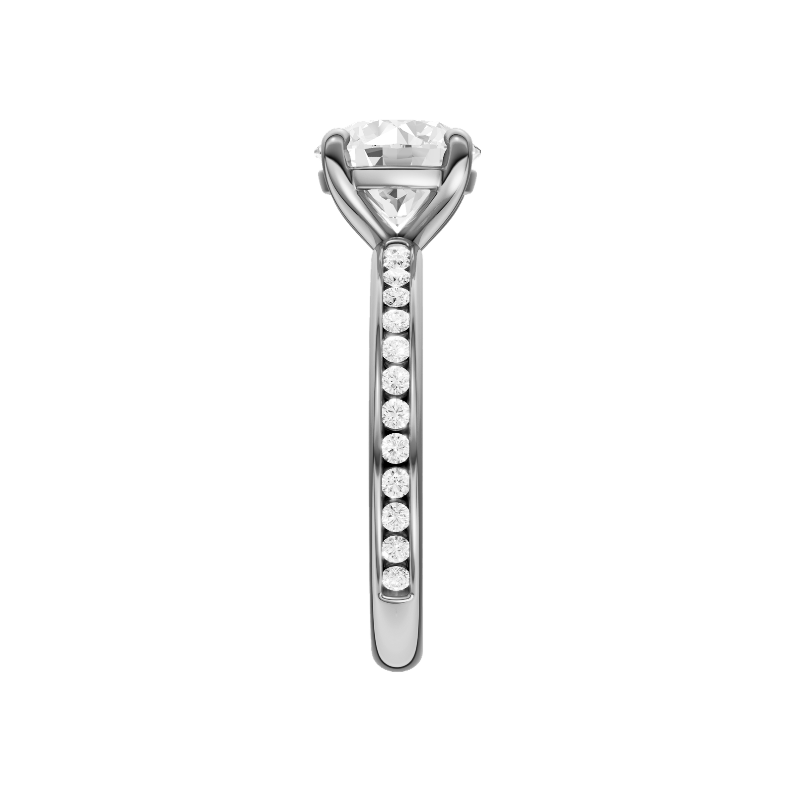 A side view of the Round cut diamond engagement ring in platinum with a diamond channel band and cathedral setting