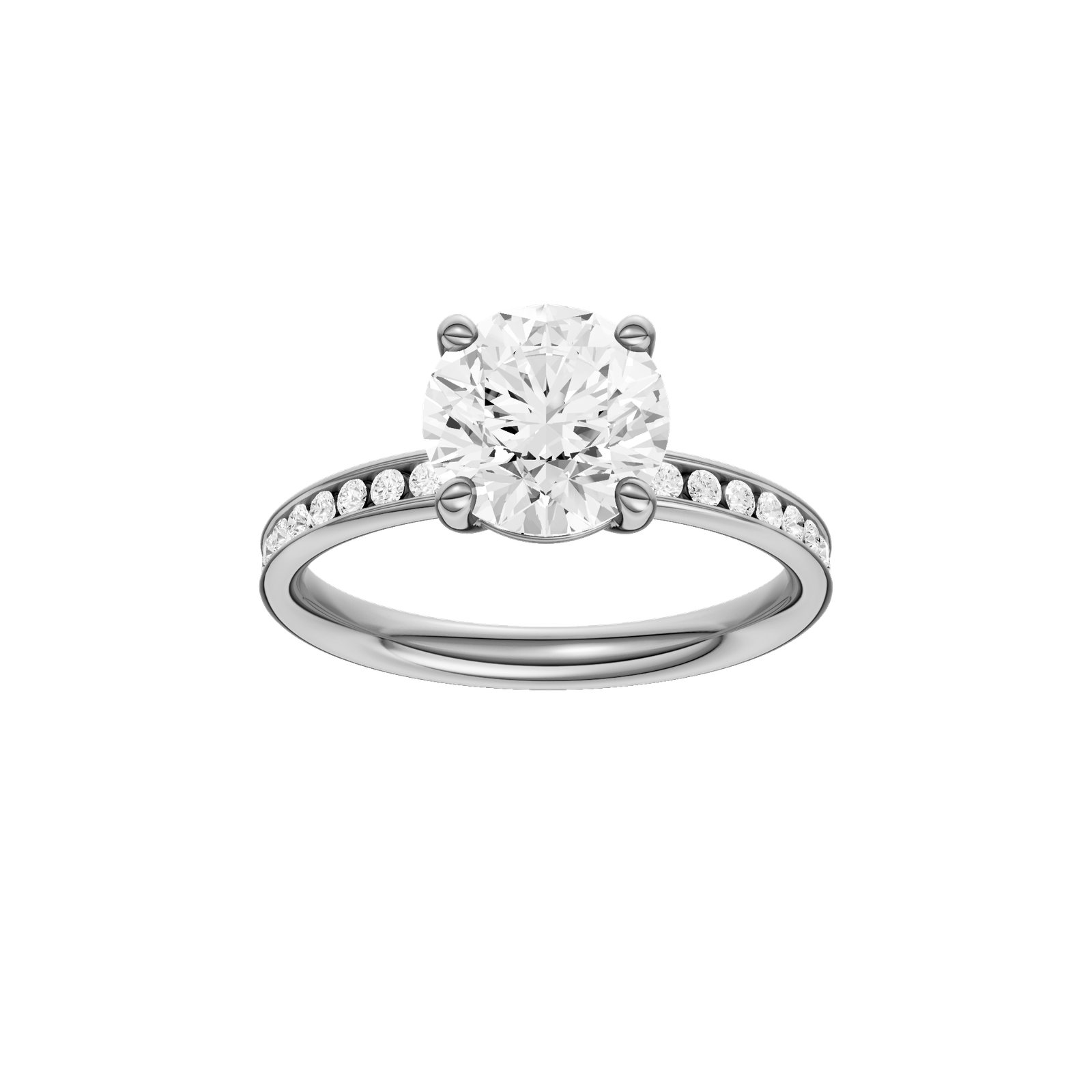 A front view of the Round cut diamond engagement ring in platinum with a diamond channel band and cathedral setting