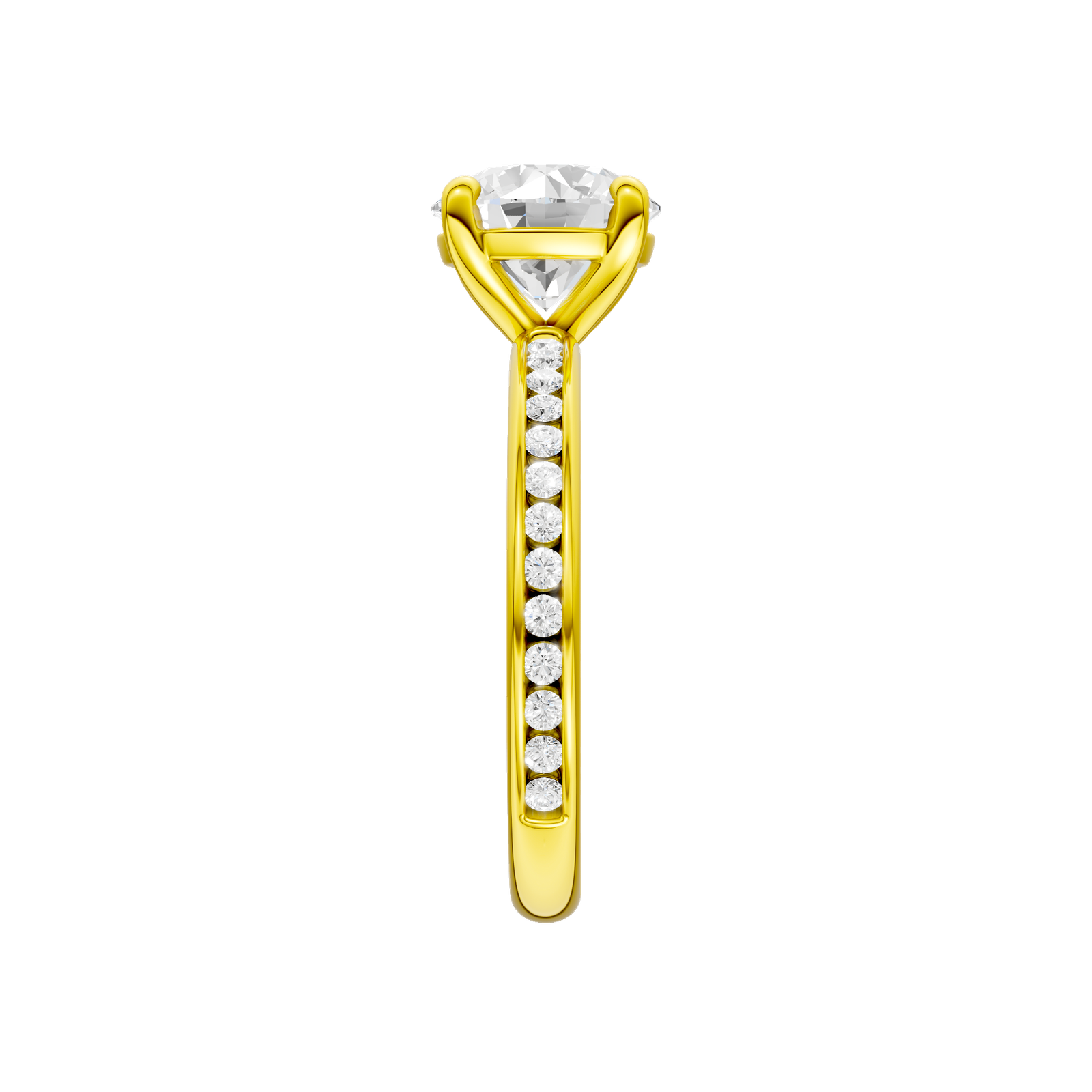 A side view of the Round cut diamond engagement ring in 14k yellow gold with a diamond channel band and cathedral setting