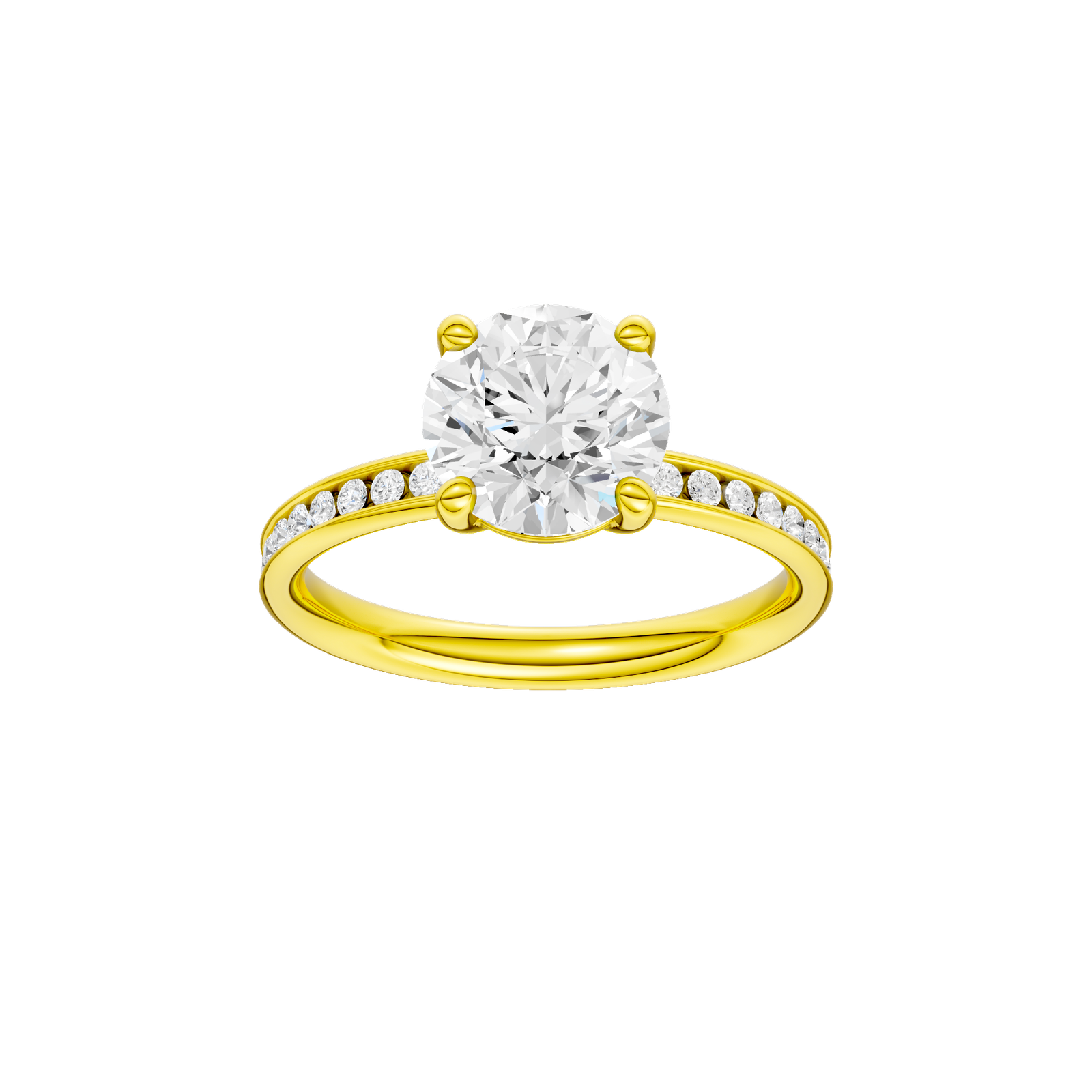 A front view of the Round cut diamond engagement ring in 14k yellow gold with a diamond channel band and cathedral setting