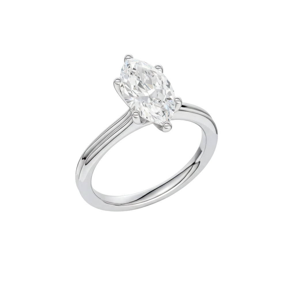 A three-quarter view of the Marquise cut diamond engagement ring in 14k white gold with a plain band and solitaire setting