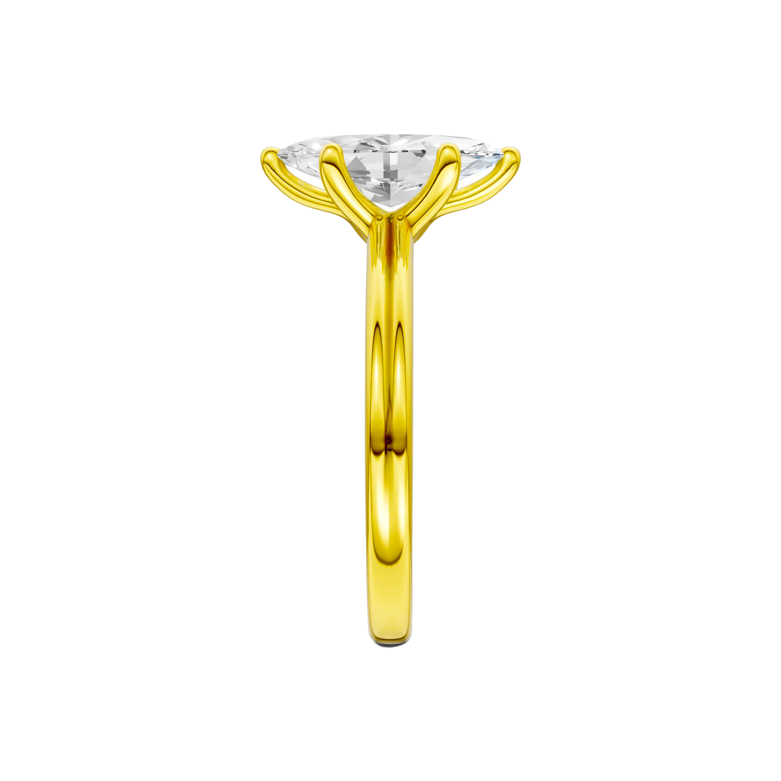 A side view of the Marquise cut diamond engagement ring in 14k yellow gold with a plain band and solitaire setting