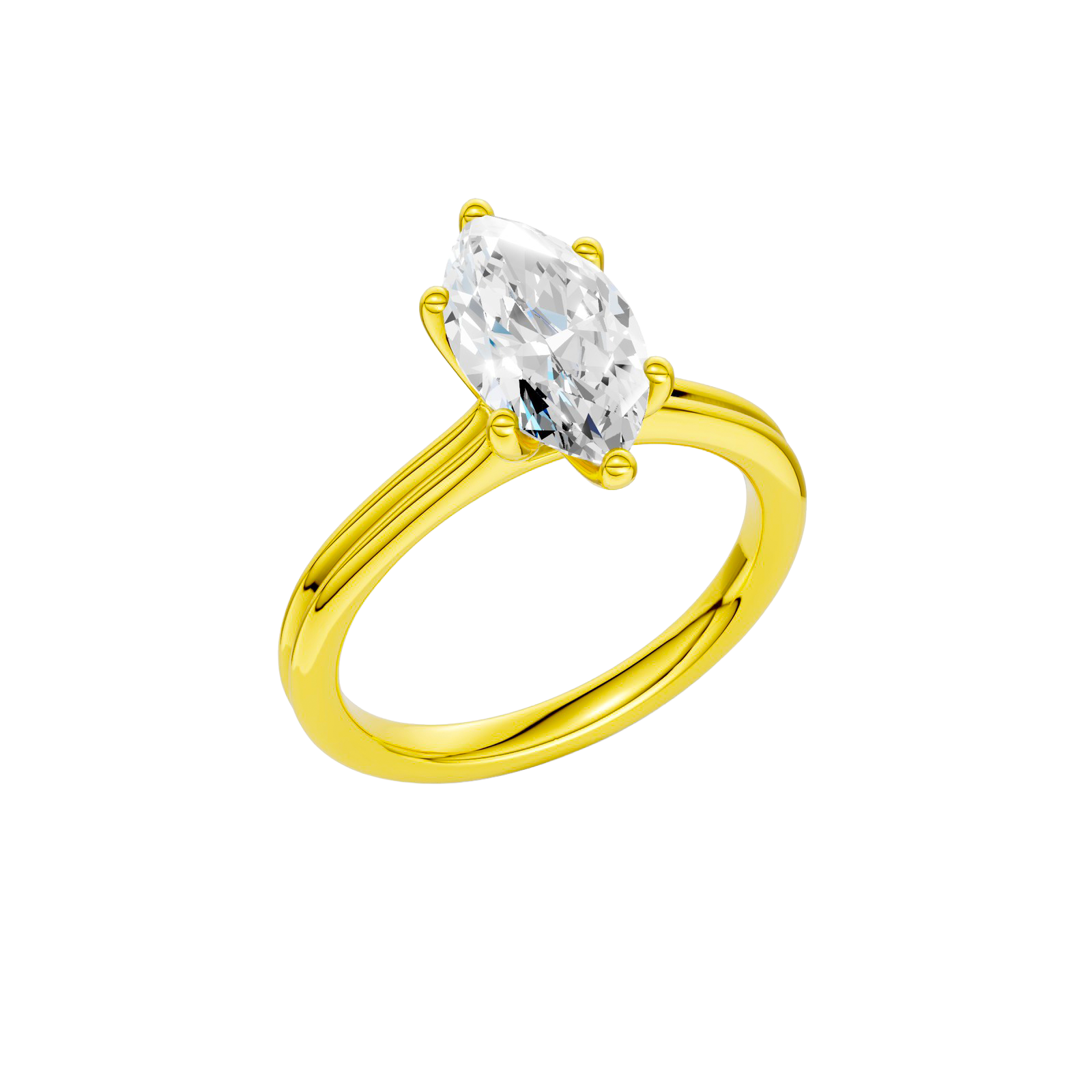 A three-quarter view of the Marquise cut diamond engagement ring in 14k yellow gold with a plain band and solitaire setting