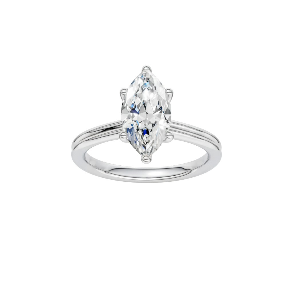 A three-quarter view of the Marquise cut diamond engagement ring in platinum with a plain band and solitaire setting