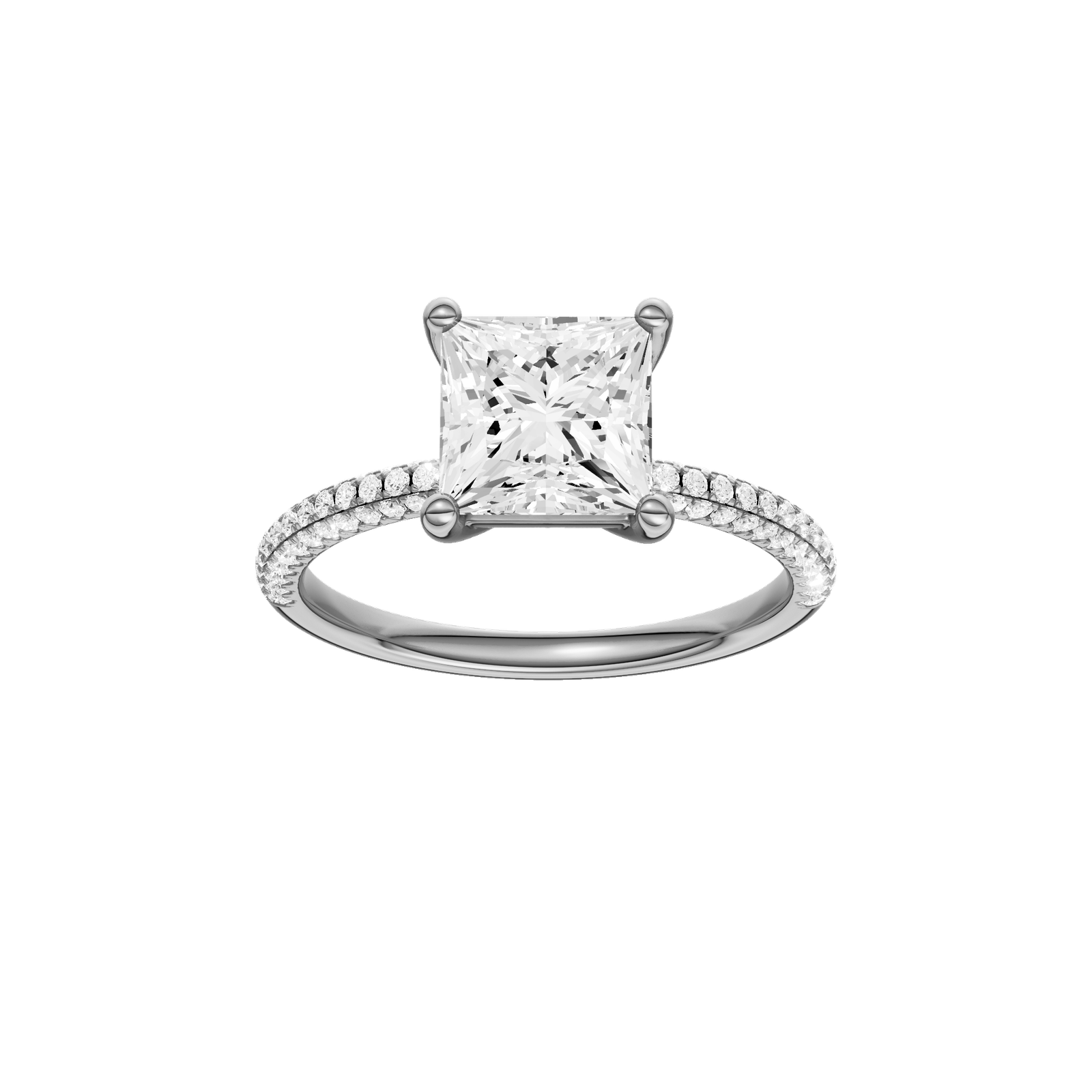 A front view of the Princess cut diamond engagement ring in platinum with a pavé diamond band and cathedral setting