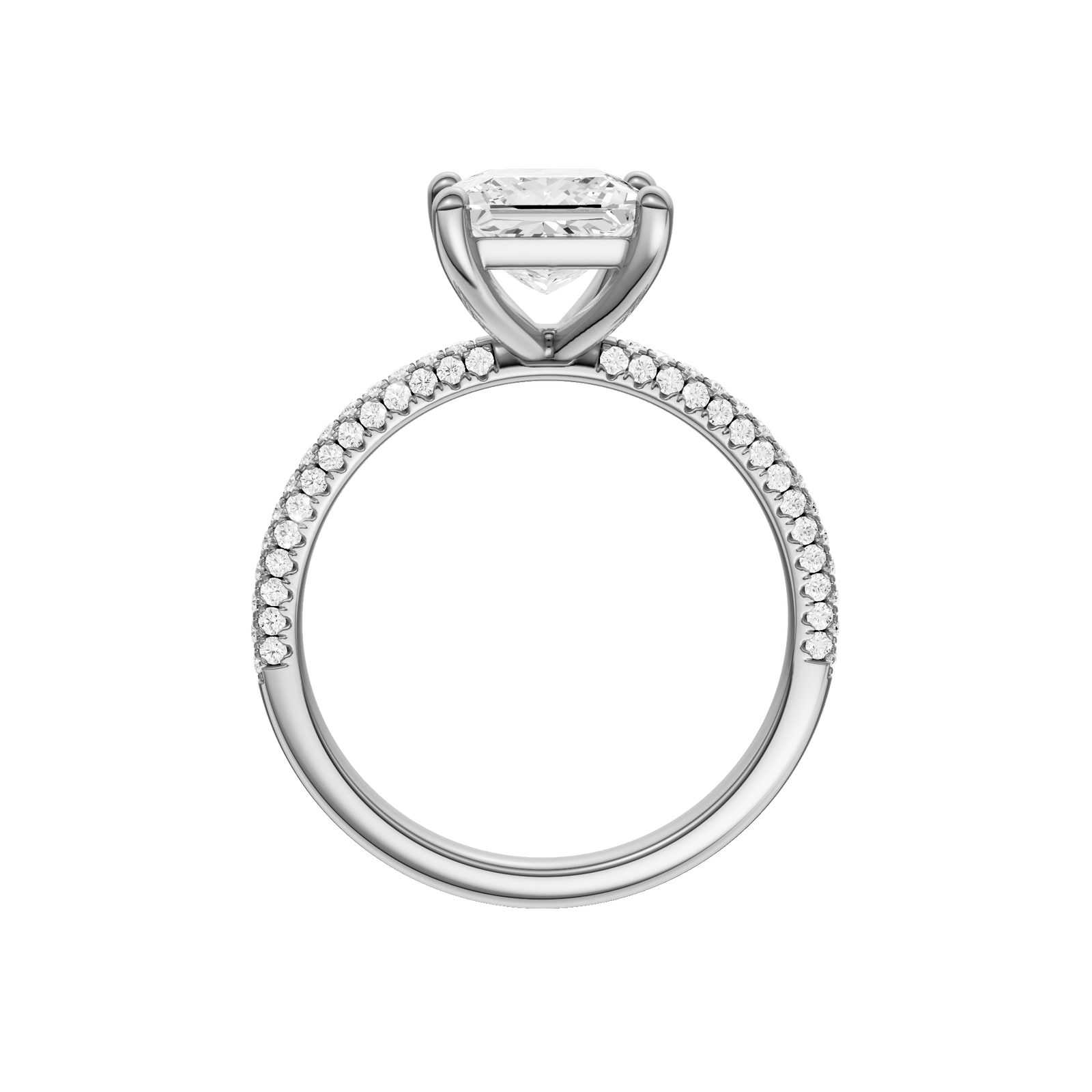 A profile view of the Princess cut diamond engagement ring in 14k white gold with a pavé diamond band and cathedral setting