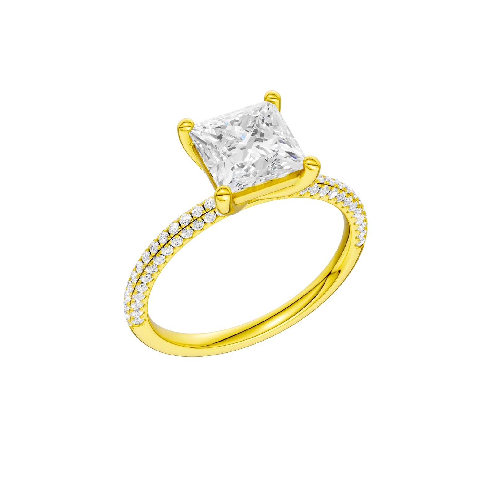 A three-quarter view of the Princess cut diamond engagement ring in 14k yellow gold with a pavé diamond band and cathedral setting