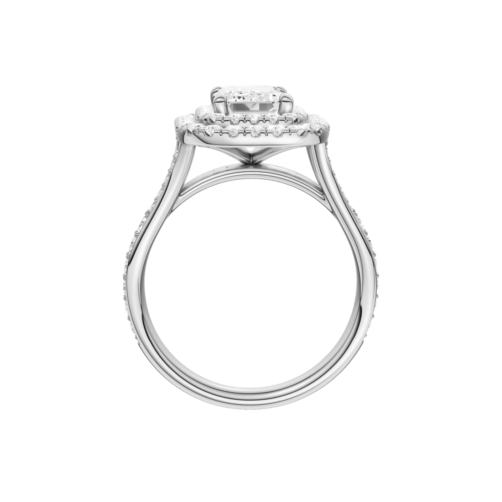 A profile view of the Emerald cut diamond engagement ring in platinum with a channel band and double halo setting