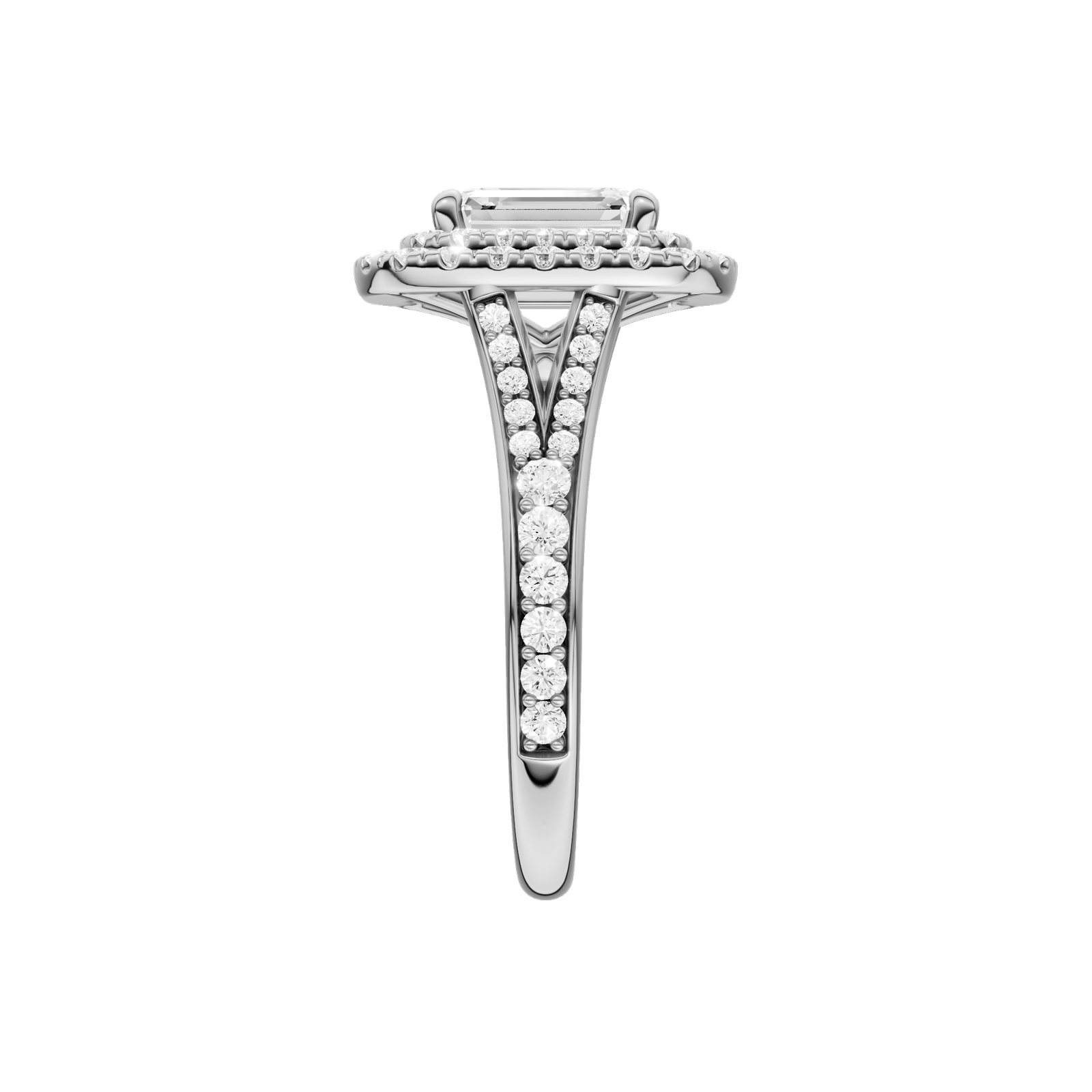 A side view of the Emerald cut diamond engagement ring in 14k white gold with a channel band and double halo setting