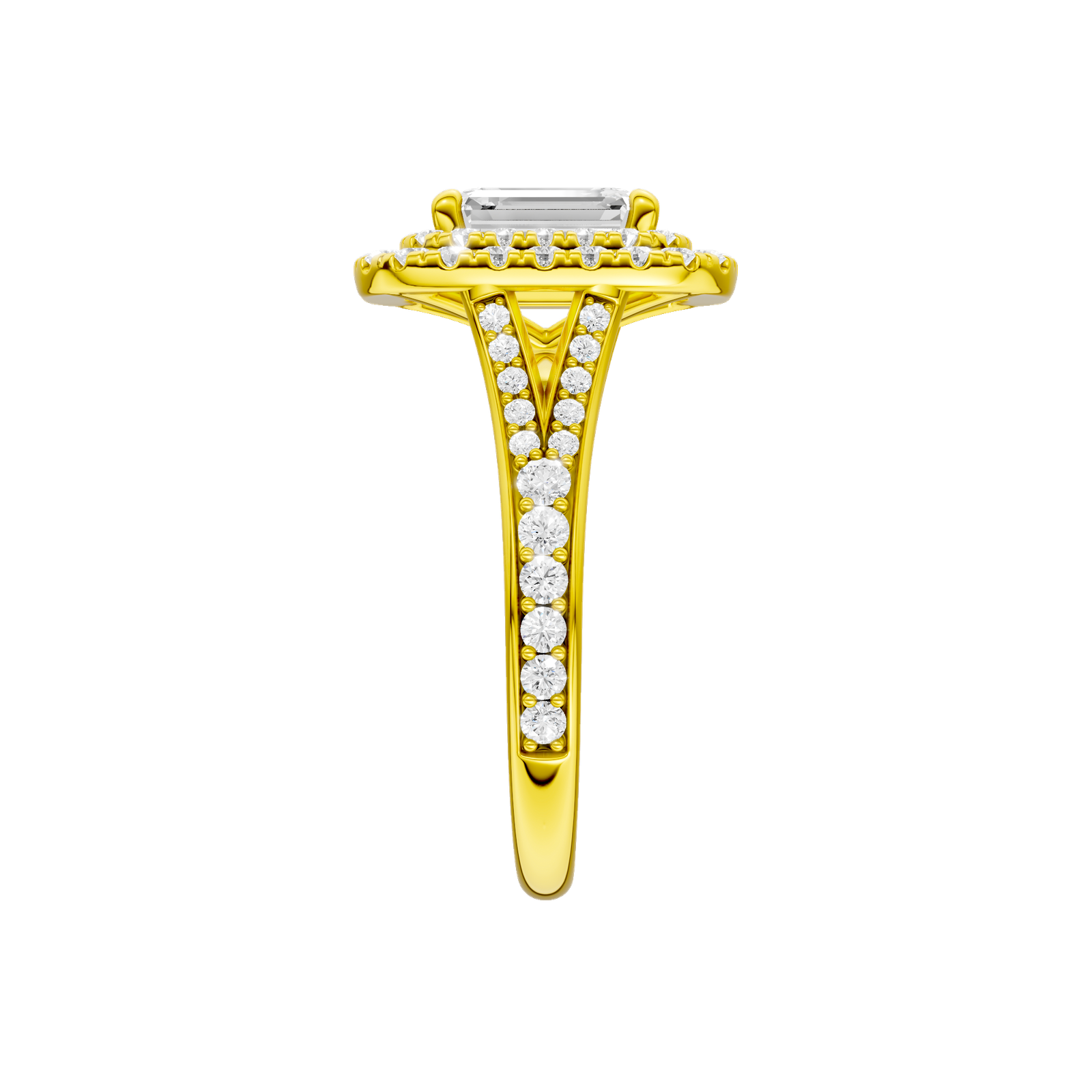 A side view of the Emerald cut diamond engagement ring in 14k yellow gold with a channel band and double halo setting