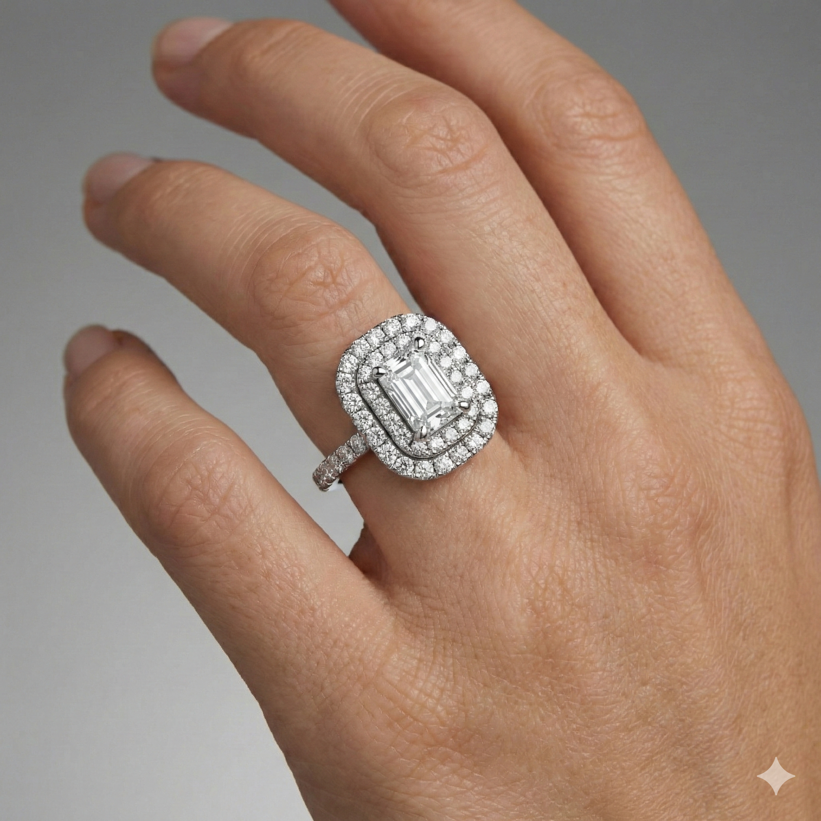 Emerald cut diamond engagement ring in 14k white gold with a prong diamond band and cathedral setting on a hand