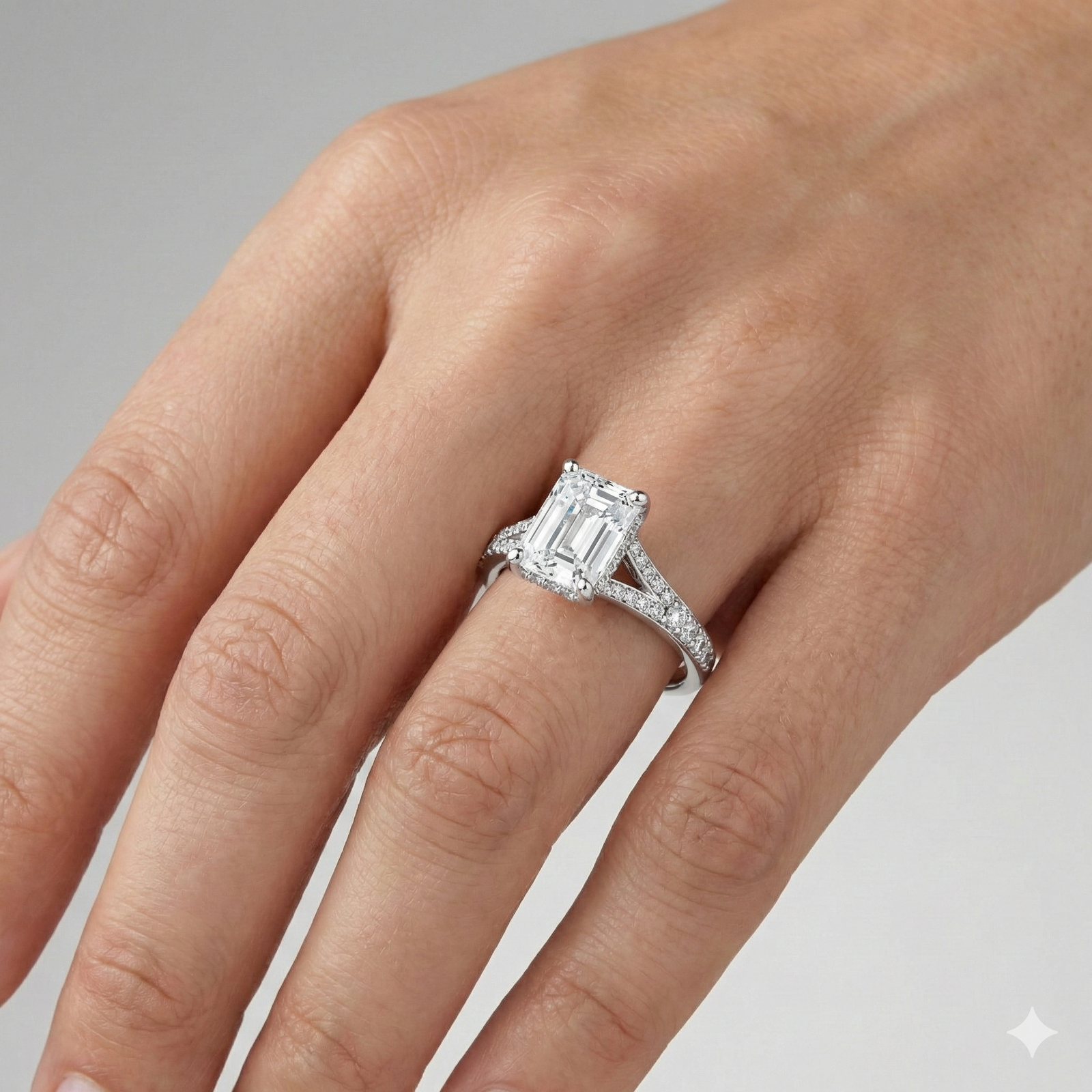 Emerald cut diamond engagement ring in 14k white gold with a diamond channel band and split setting on a hand