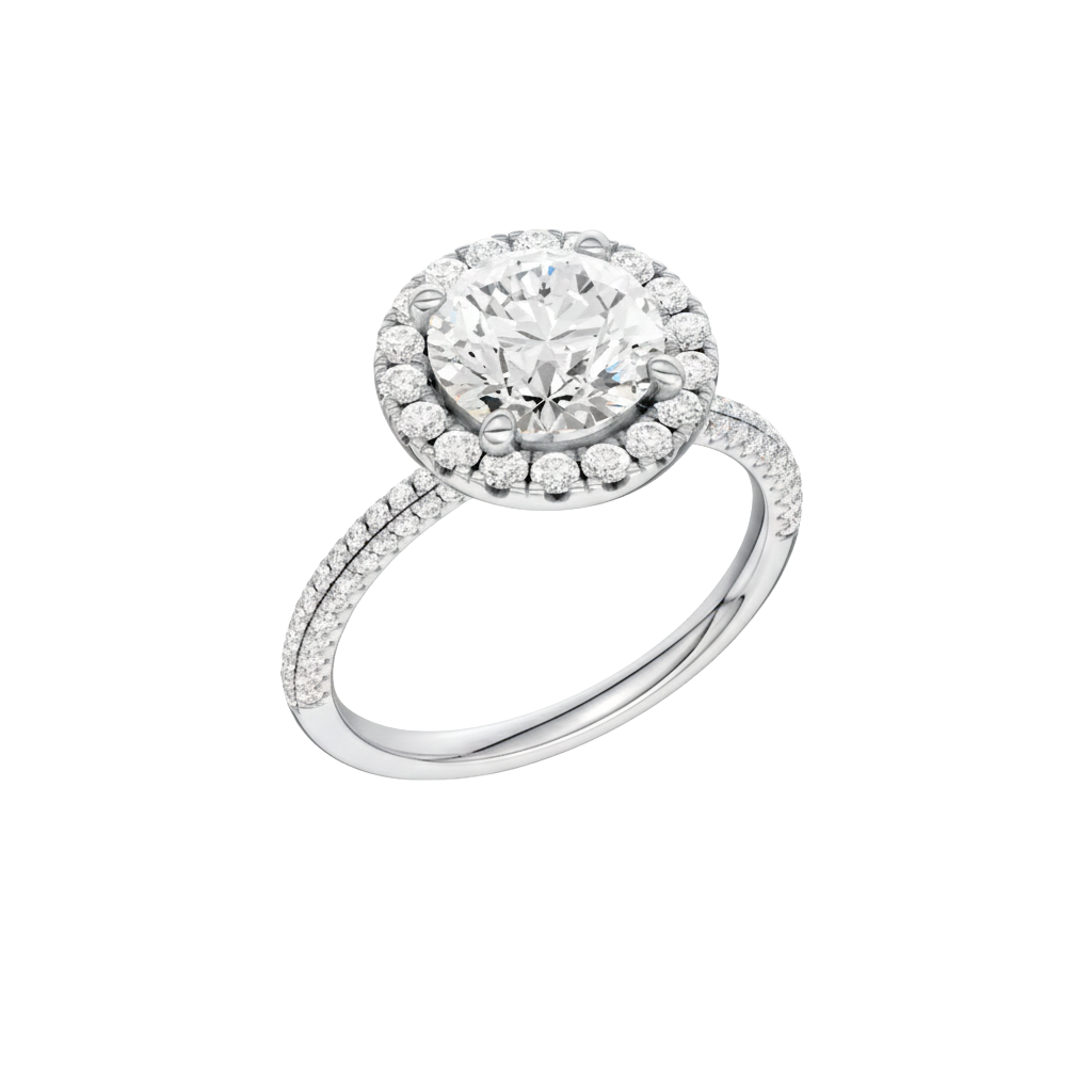 A three-quarter view of the Round cut diamond engagement ring in 14k white gold with a pavé diamond band and solitaire setting