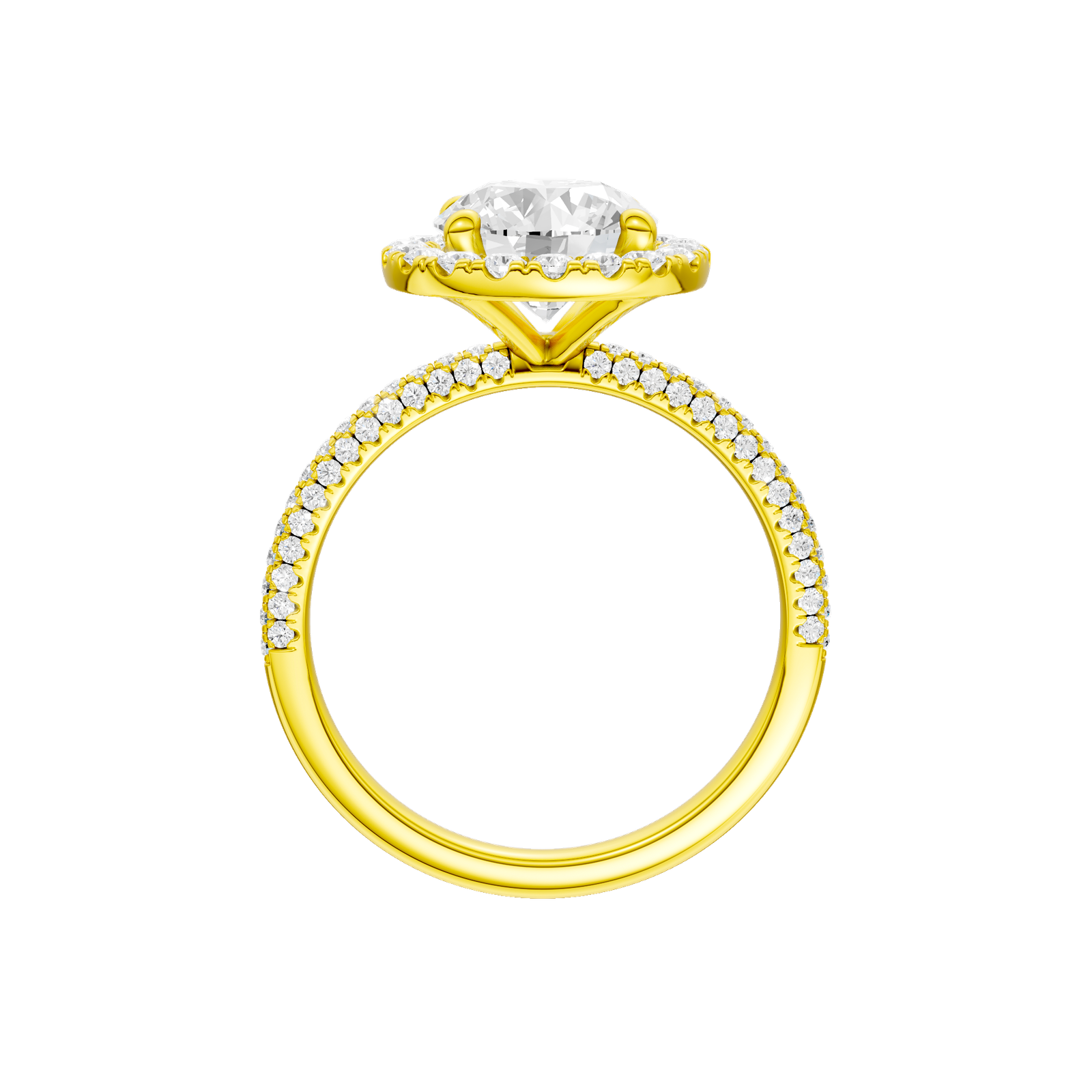 A profile view of the Round cut diamond engagement ring in 14k yellow gold with a pavé diamond band and solitaire setting