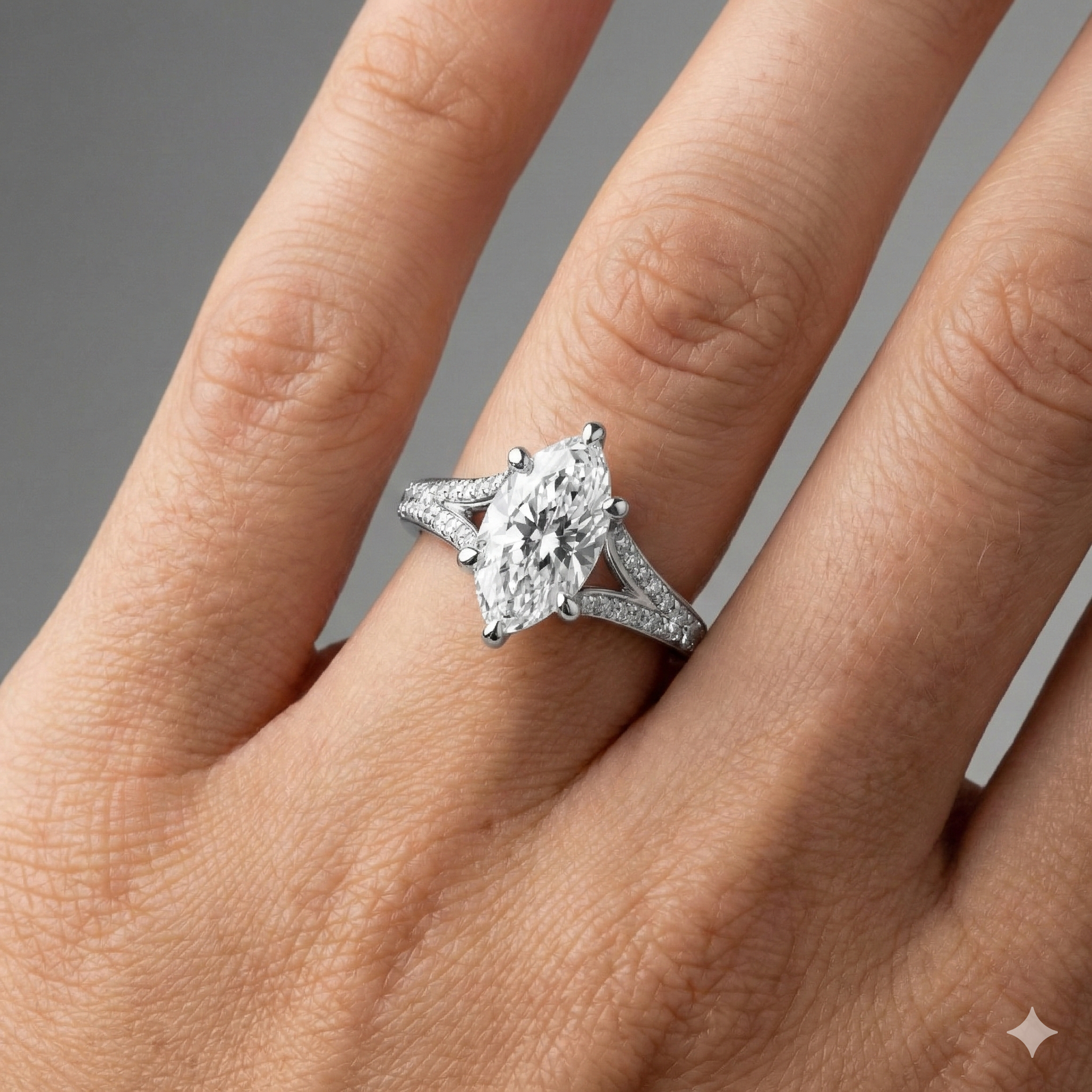 Marquise cut diamond engagement ring in 14k white gold with a diamond channel band and split setting on a hand