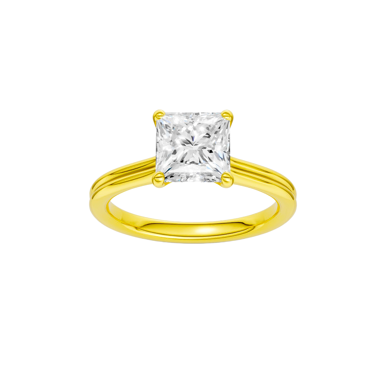 A front view of the Princess cut diamond engagement ring in 14k yellow gold with a plain band and solitaire setting