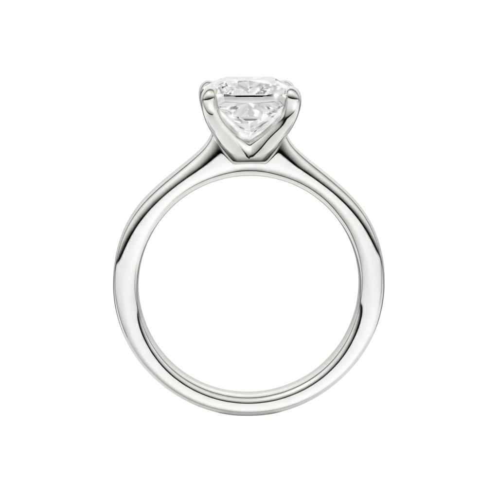 A profile view of the Princess cut diamond engagement ring in platinum with a plain band and solitaire setting