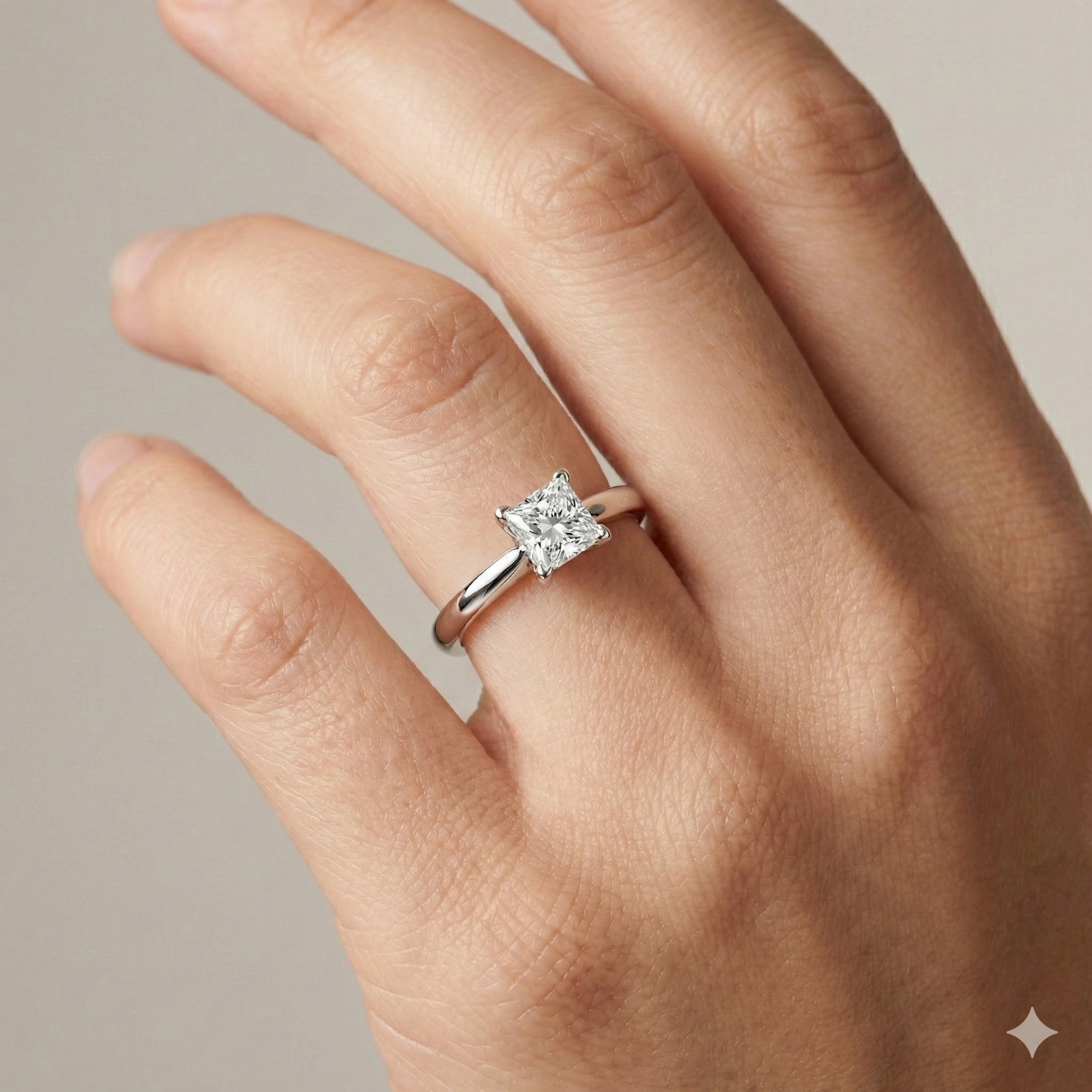 Princess cut diamond engagement ring in 14k white gold with a plain band and solitaire setting on a hand