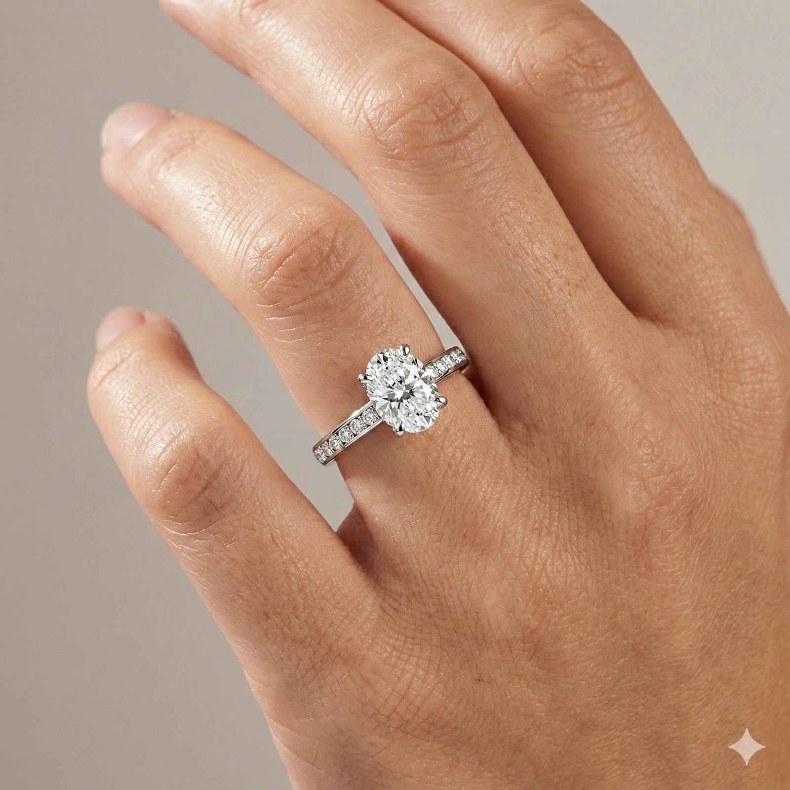 Oval cut diamond engagement ring in 14k white gold with a diamond channel band and cathedral setting on a hand