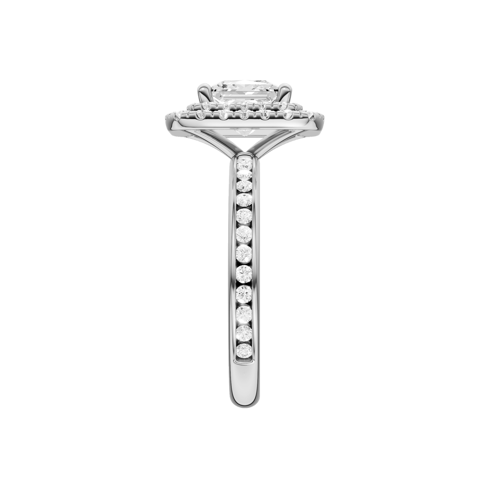 A side view of the Princess cut diamond engagement ring in 14k white gold with a diamond channel band and cathedral setting