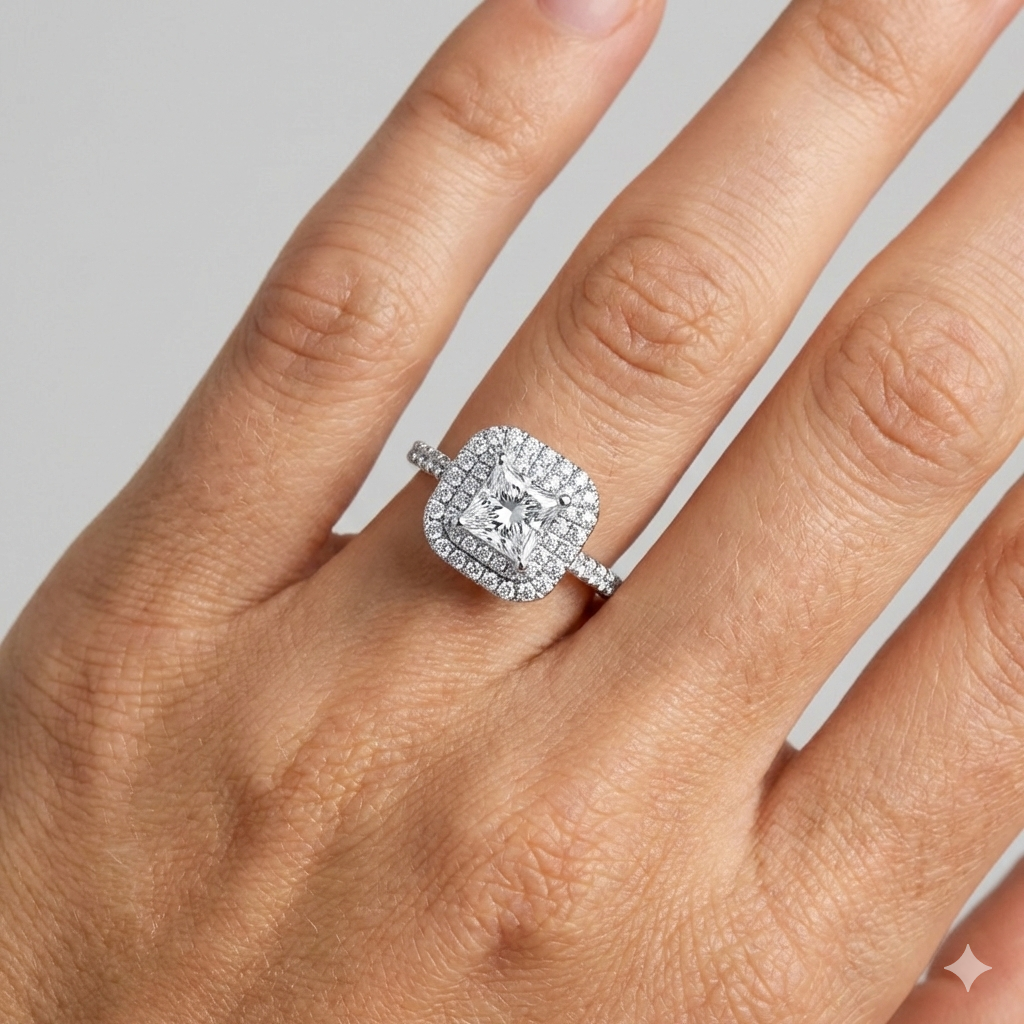 Princess cut diamond engagement ring in 14k white gold with a diamond channel band and cathedral setting on a hand