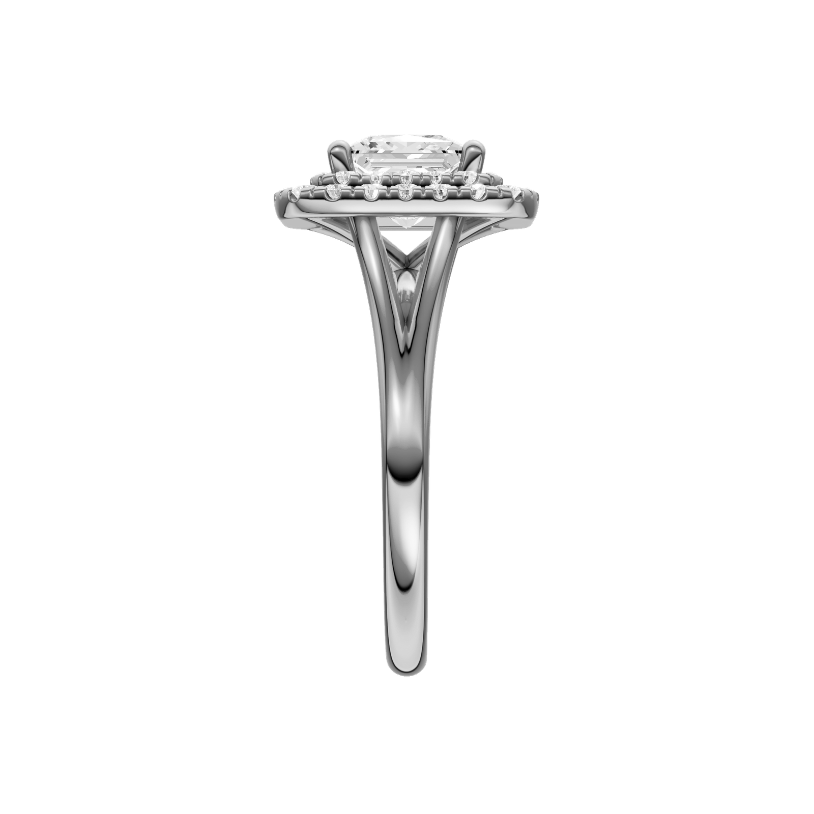 A side view of the Princess cut diamond engagement ring in platinum with a plain band and cathedral setting
