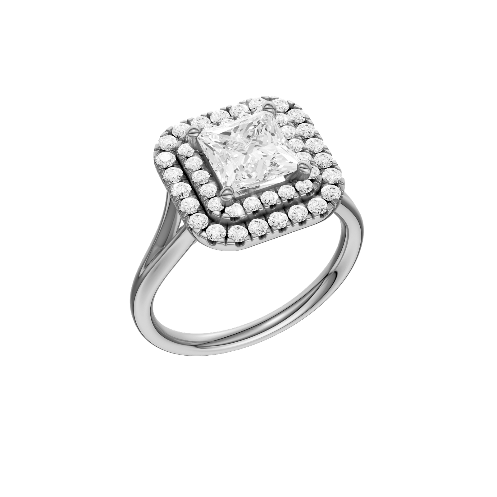 A three-quarter view of the Princess cut diamond engagement ring in 14k white gold with a plain band and cathedral setting