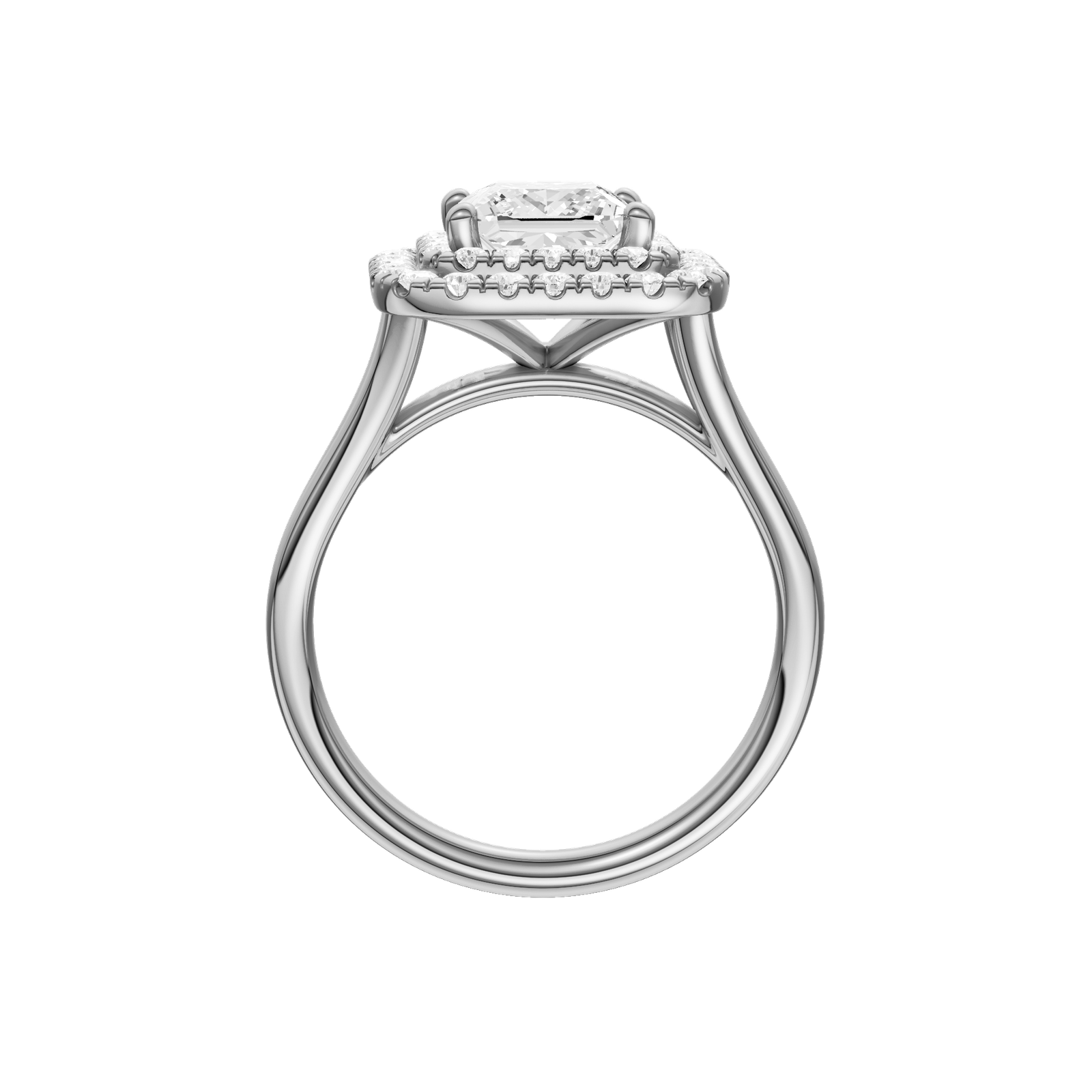A profile view of the Princess cut diamond engagement ring in 14k white gold with a plain band and cathedral setting