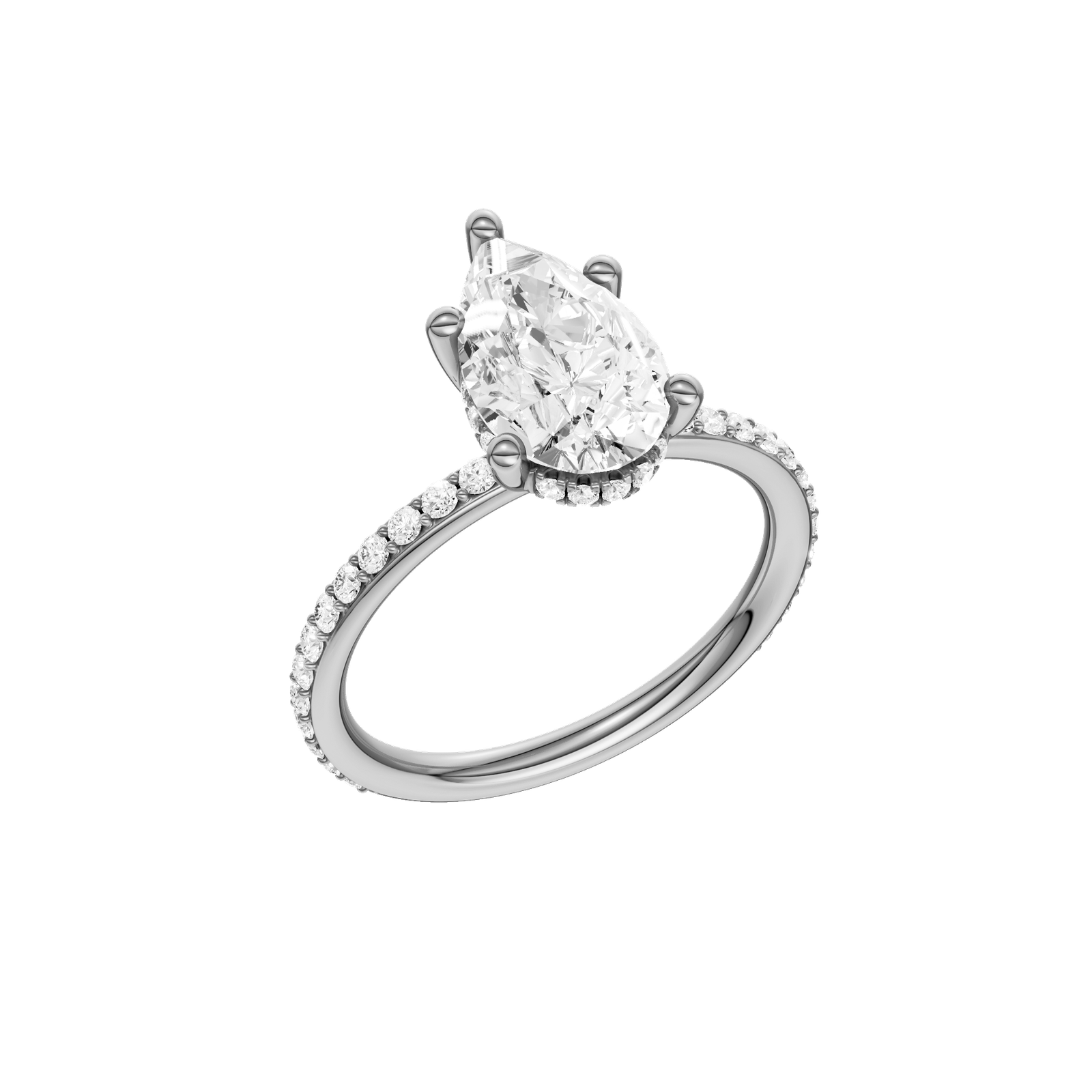 A three-quarter view of the Pear cut diamond engagement ring in platinum with a prong diamond band and cathedral setting