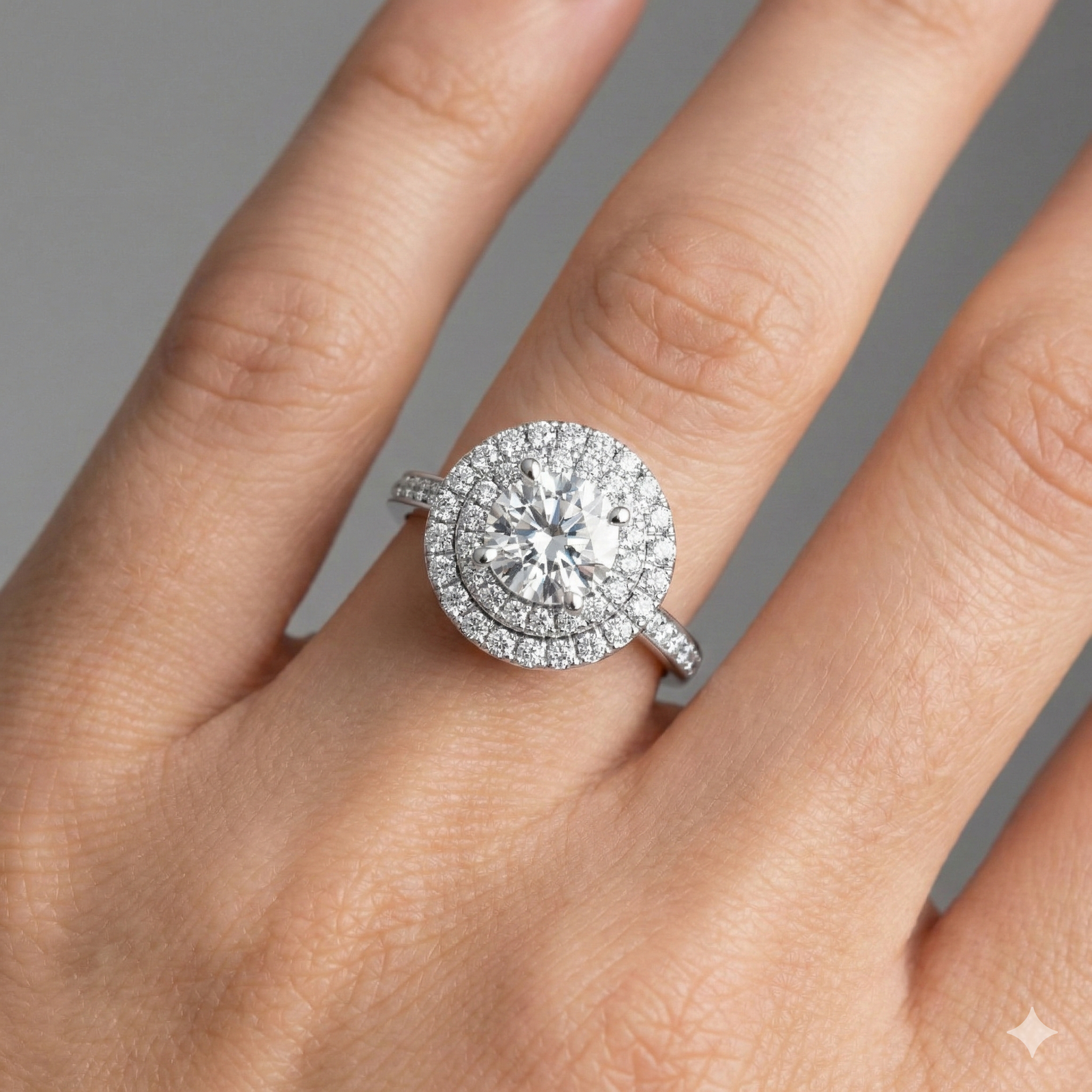 Round cut diamond engagement ring in 14k white gold with a diamond channel band and cathedral setting on a hand
