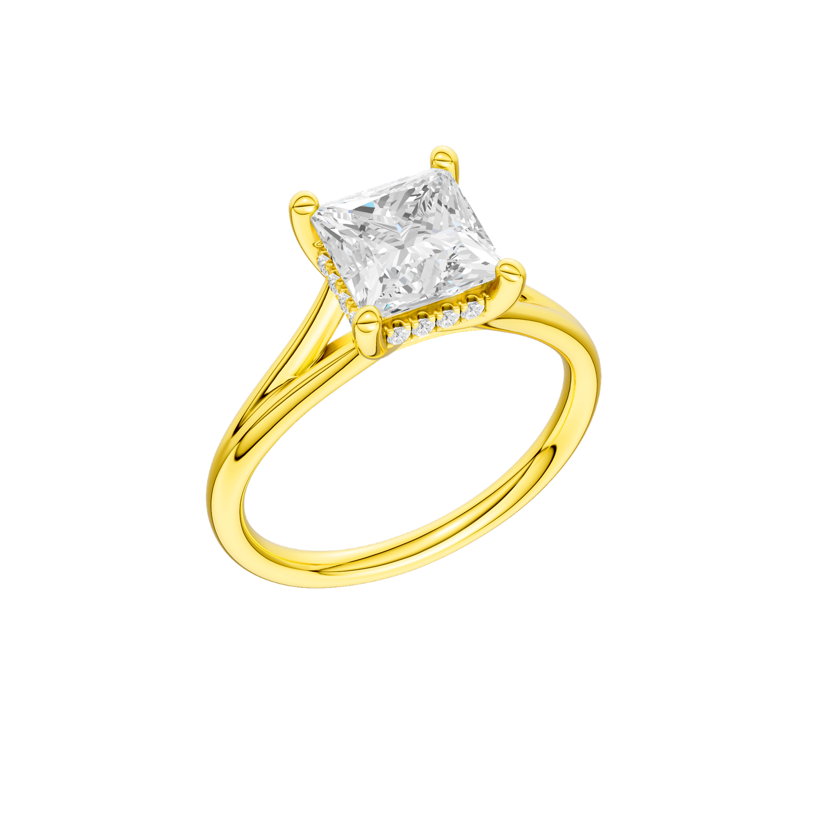 A three-quarter view of the Princess cut diamond engagement ring in 14k yellow gold with a plain band and hidden halo setting