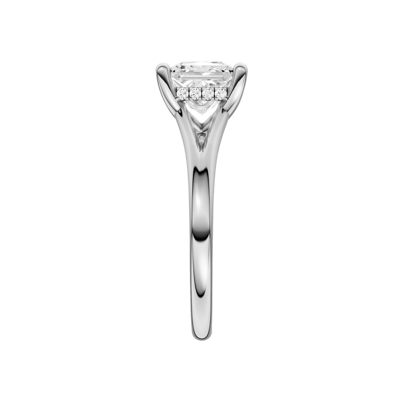 A side view of the Princess cut diamond engagement ring in platinum with a plain band and hidden halo setting