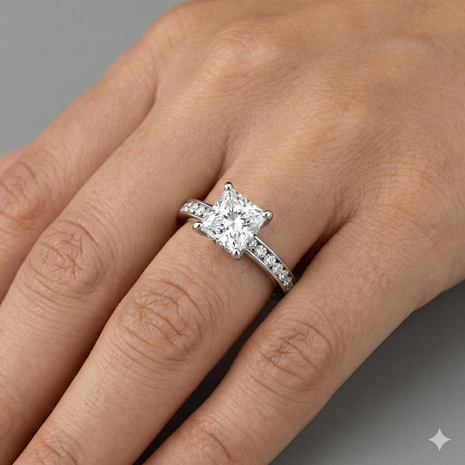 Princess cut diamond engagement ring in 14k white gold with a diamond channel band and cathedral setting on a hand