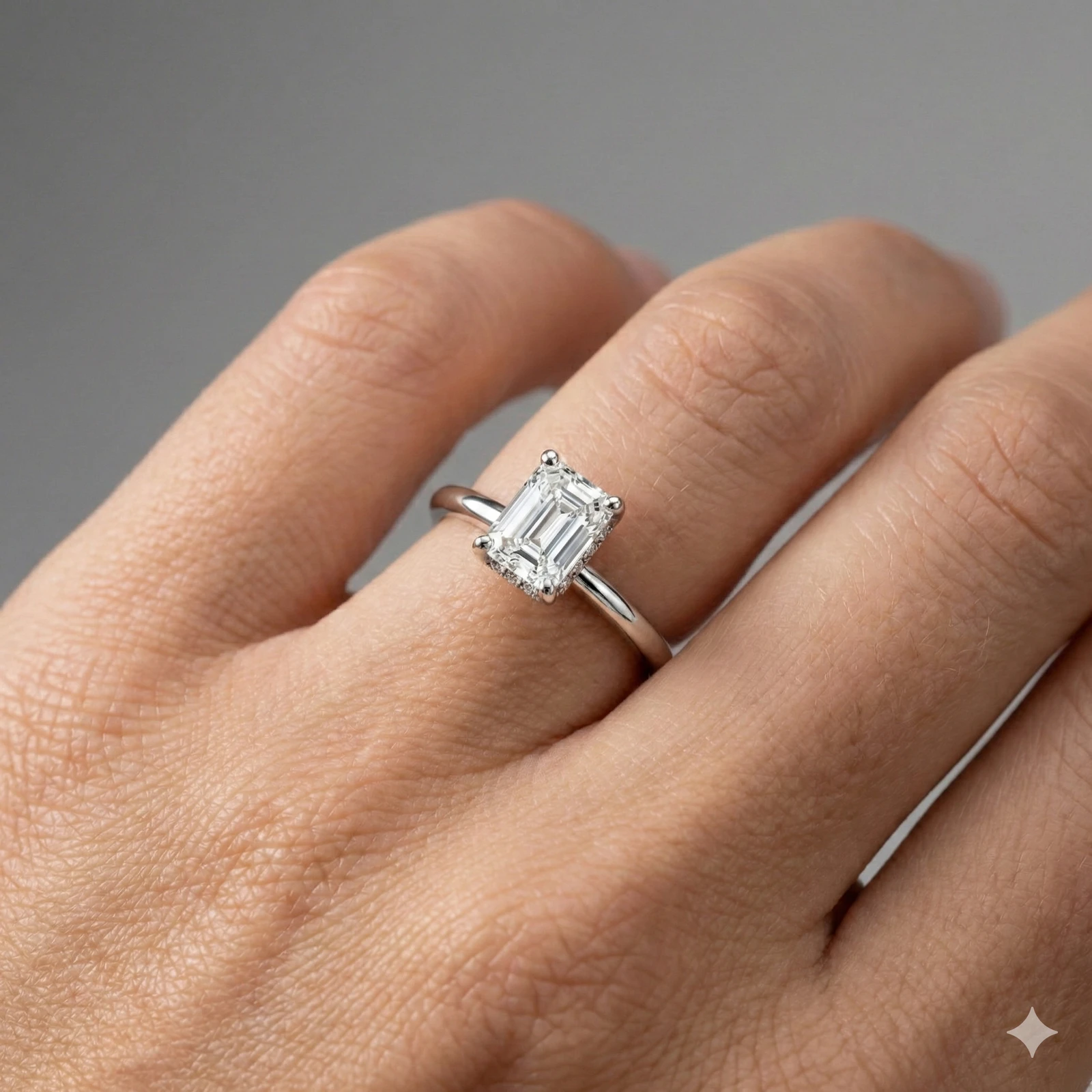 Emerald cut diamond engagement ring in 14k white gold with a plain band and solitaire setting on a hand