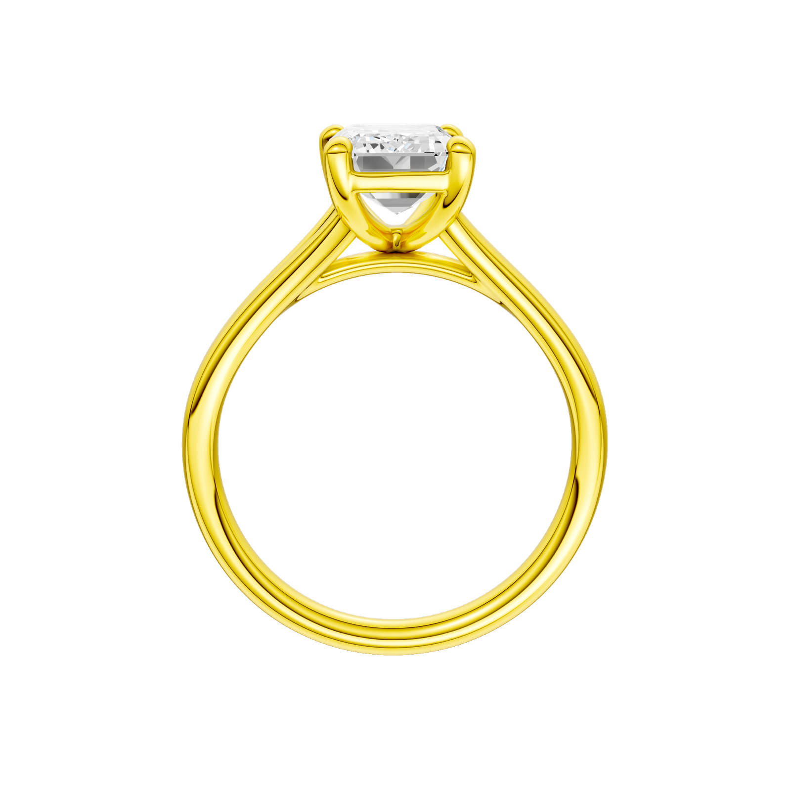 A profile view of the Emerald cut diamond engagement ring in 14k yellow gold with a plain band and split setting