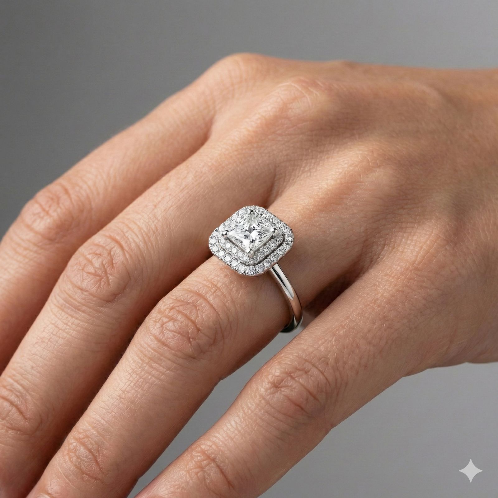 Princess cut diamond engagement ring in 14k white gold with a plain band and solitaire setting on a hand