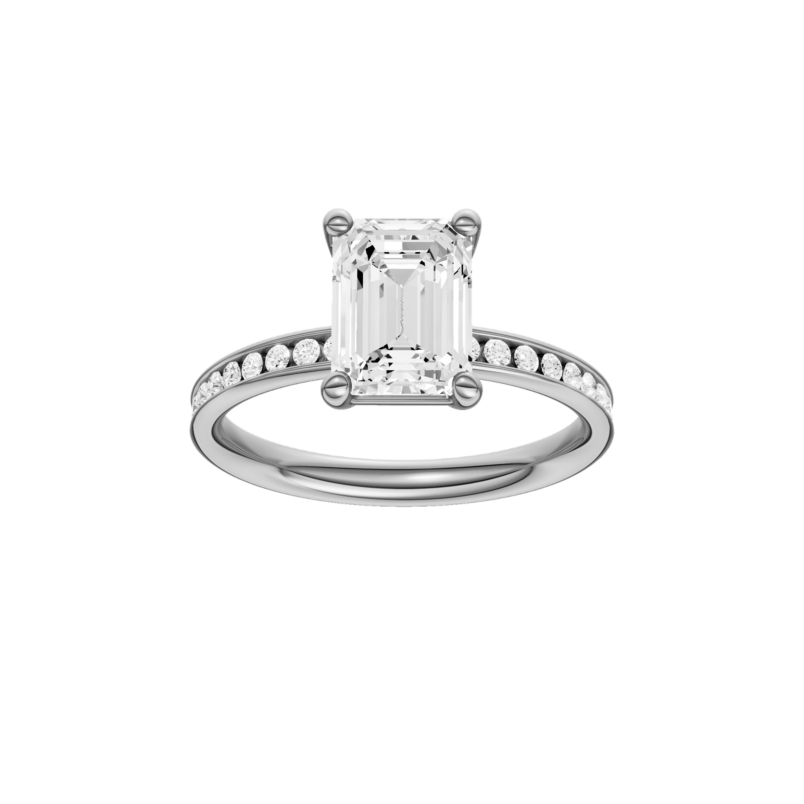 A front view of the Emerald cut diamond engagement ring in platinum with a diamond channel band and cathedral setting