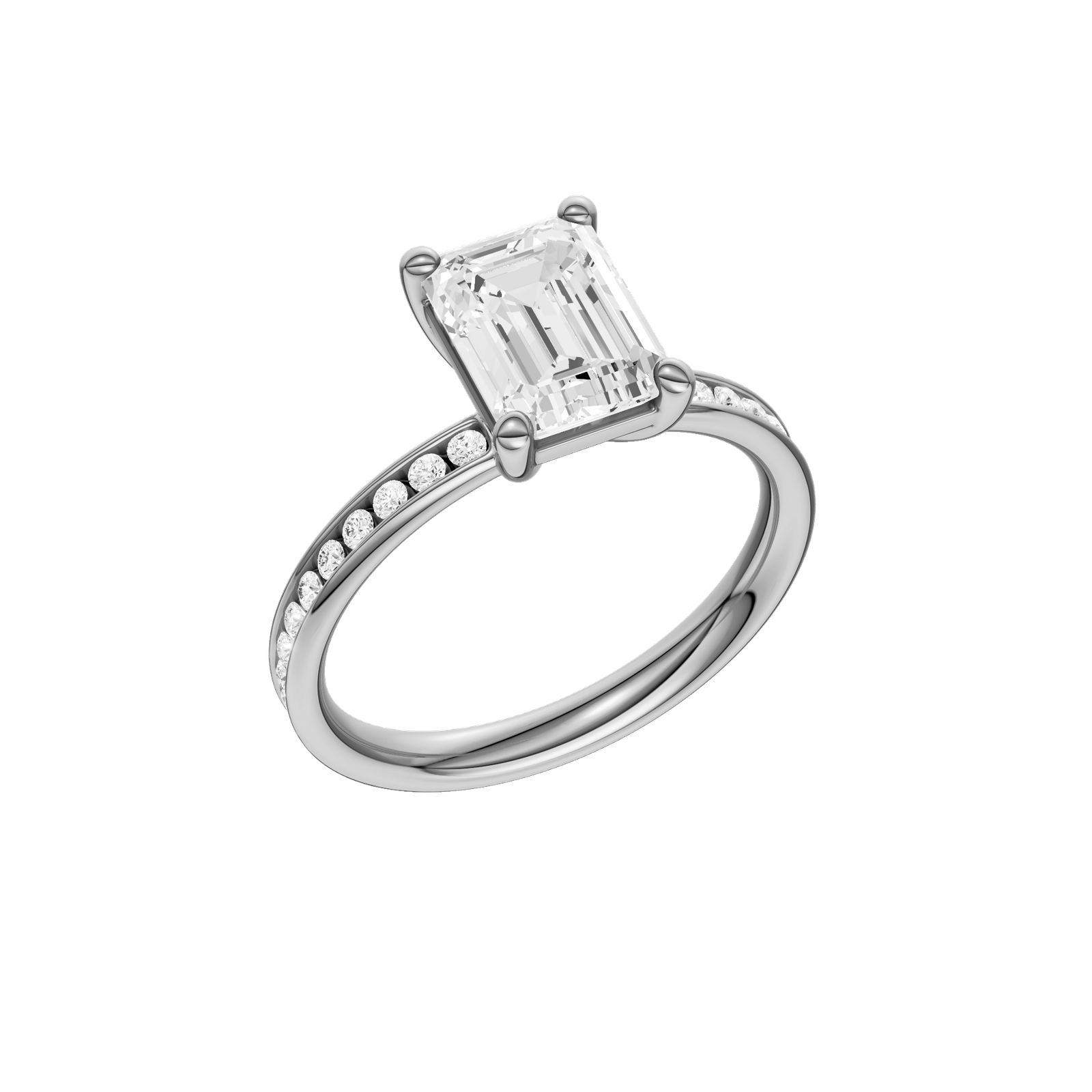 A three-quarter view of the Emerald cut diamond engagement ring in 14k white gold with a diamond channel band and cathedral setting
