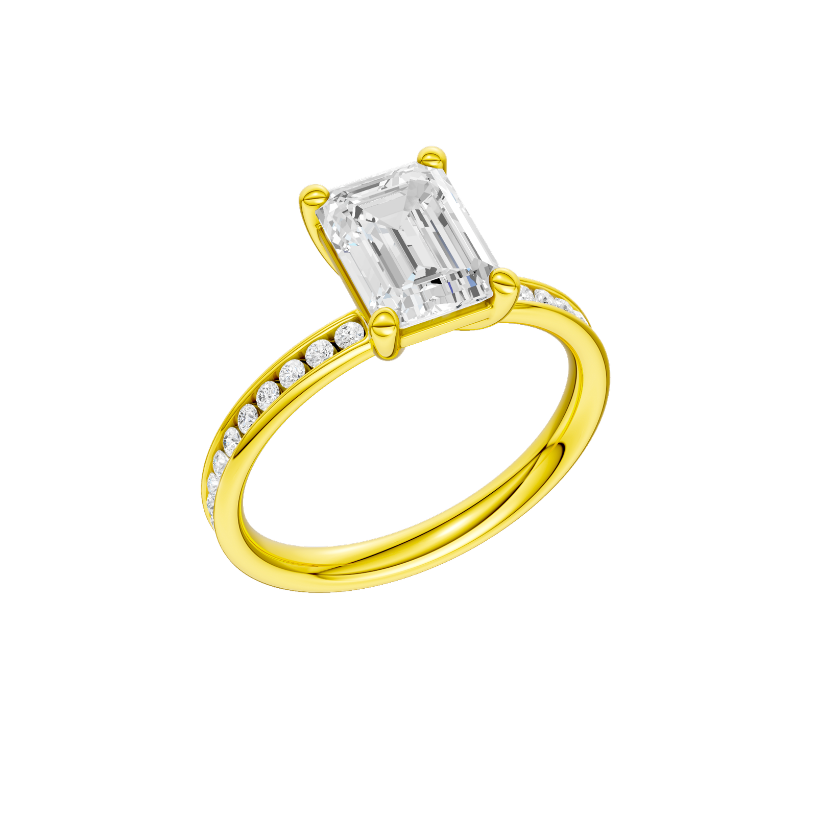 A three-quarter view of the Emerald cut diamond engagement ring in 14k yellow gold with a diamond channel band and cathedral setting