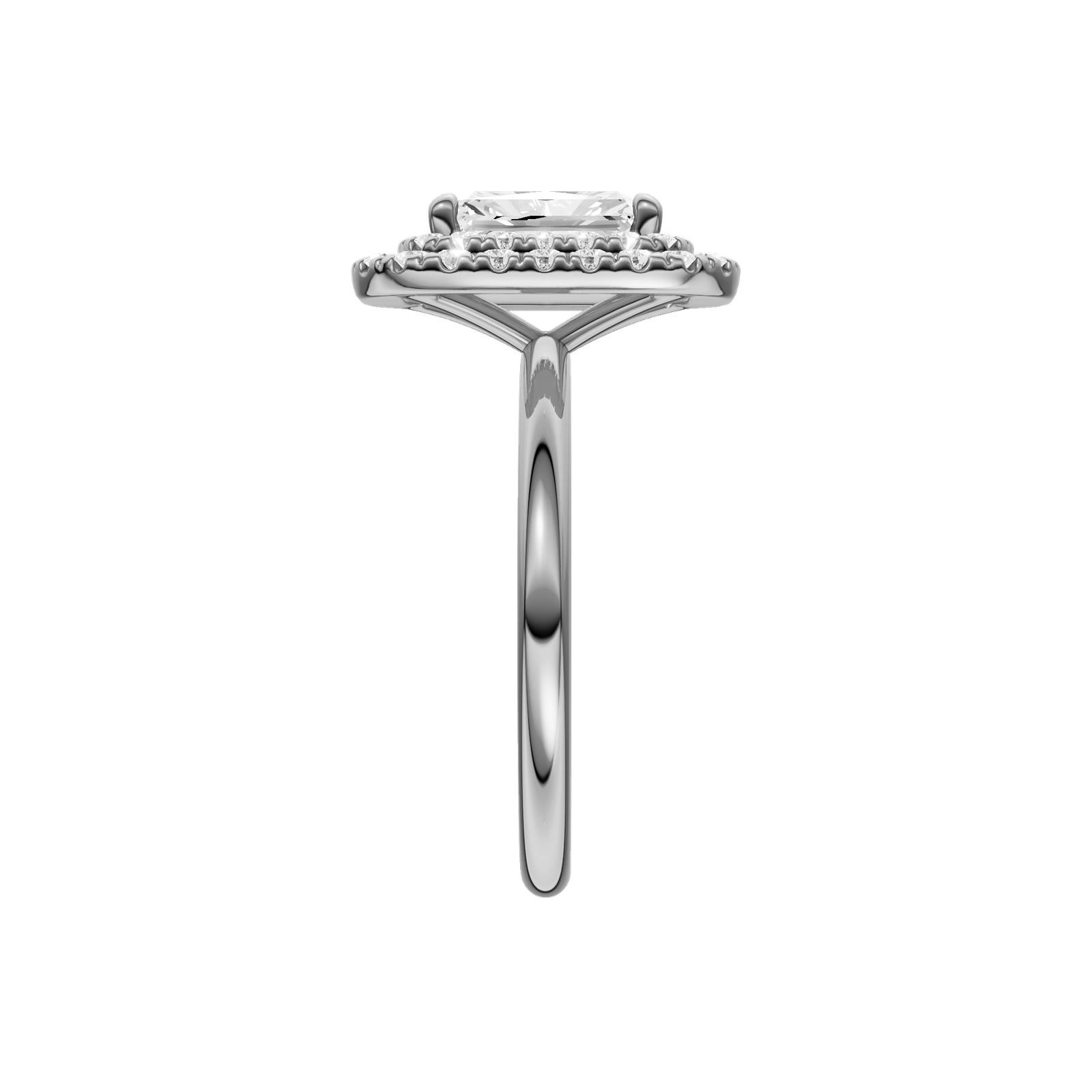 A side view of the Radiant cut diamond engagement ring in platinum  with a plain band and solitaire setting