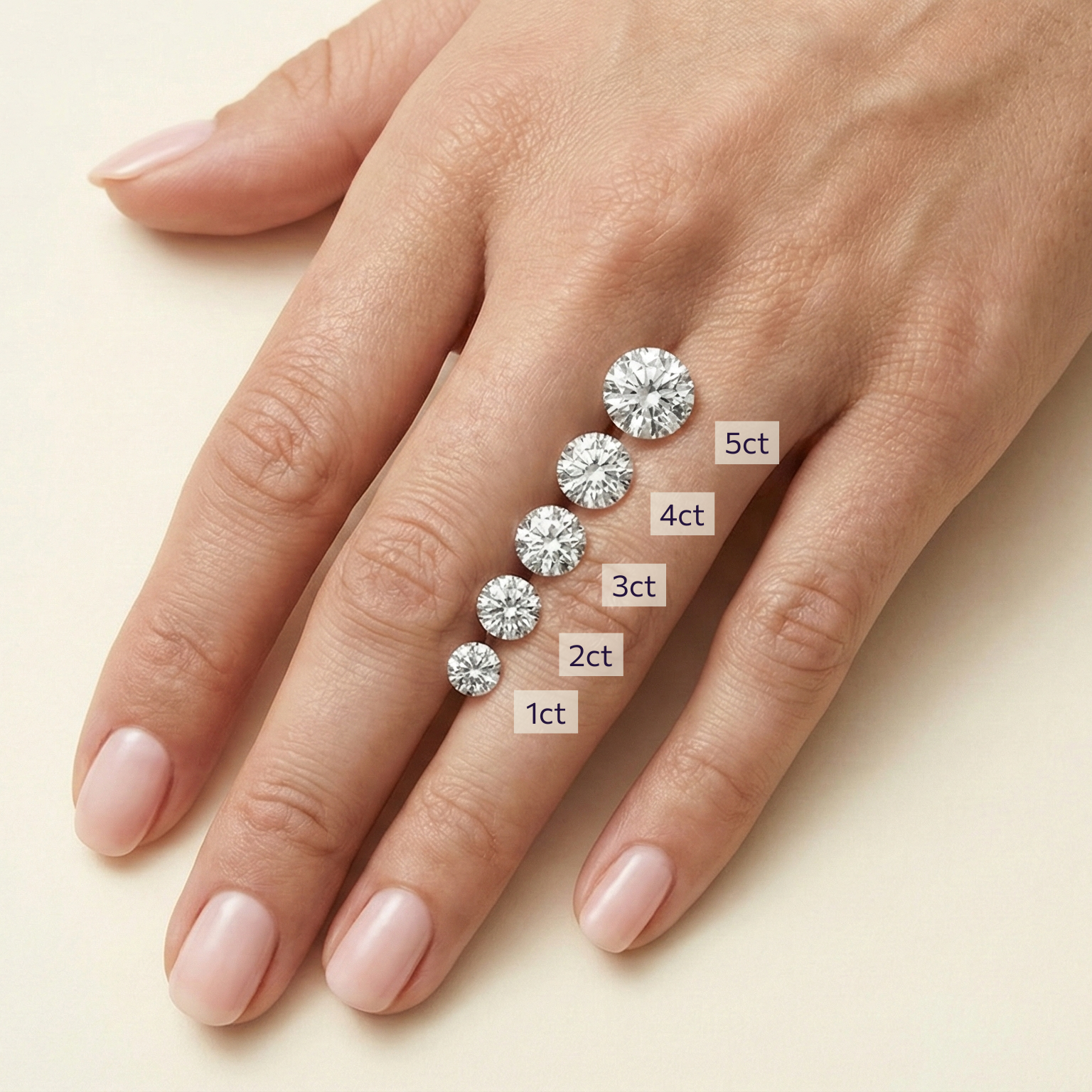 Diamond carat sizes on a hand