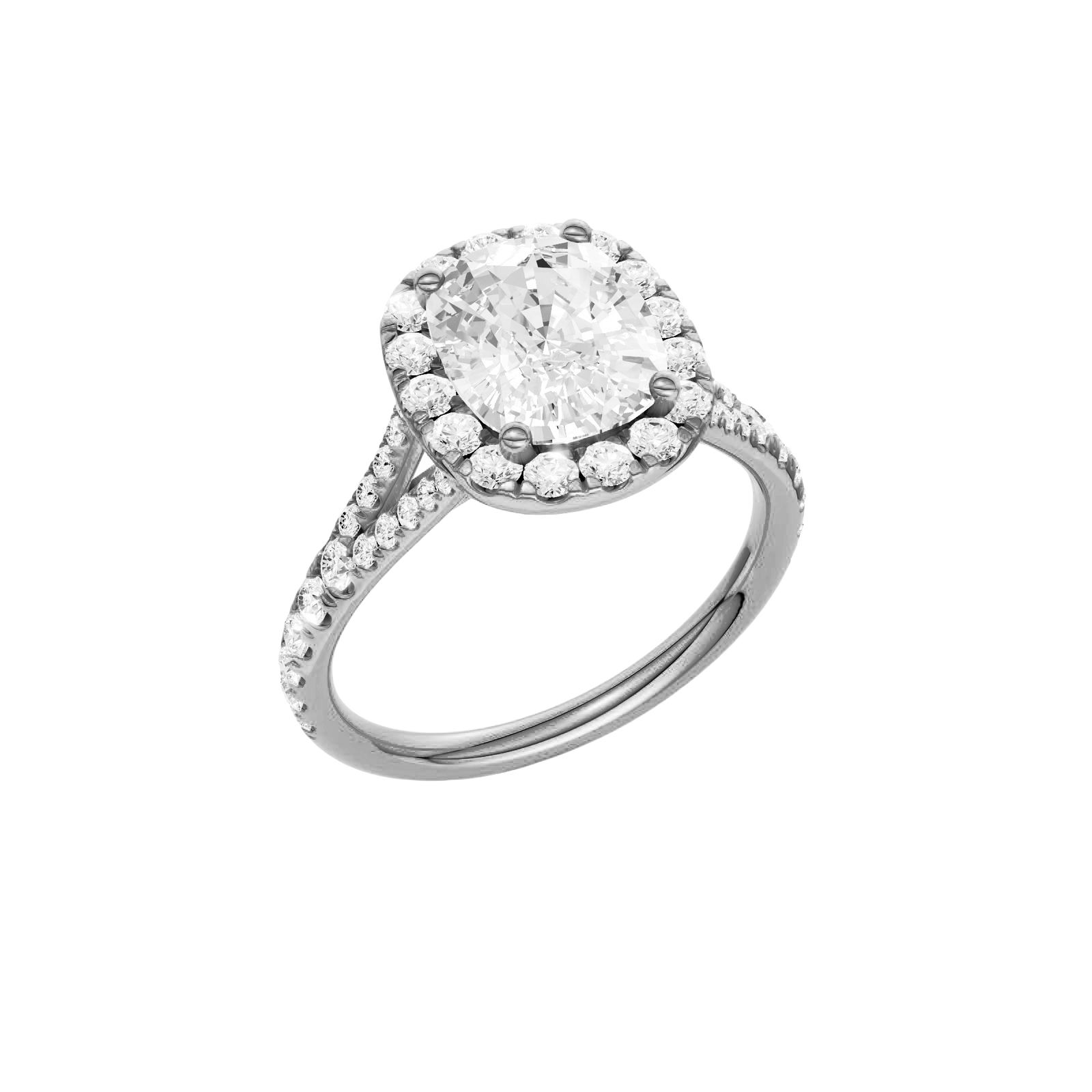 A three-quarter view of the Elongated Cushion cut diamond engagement ring in 14k white gold with a prong band and halo setting