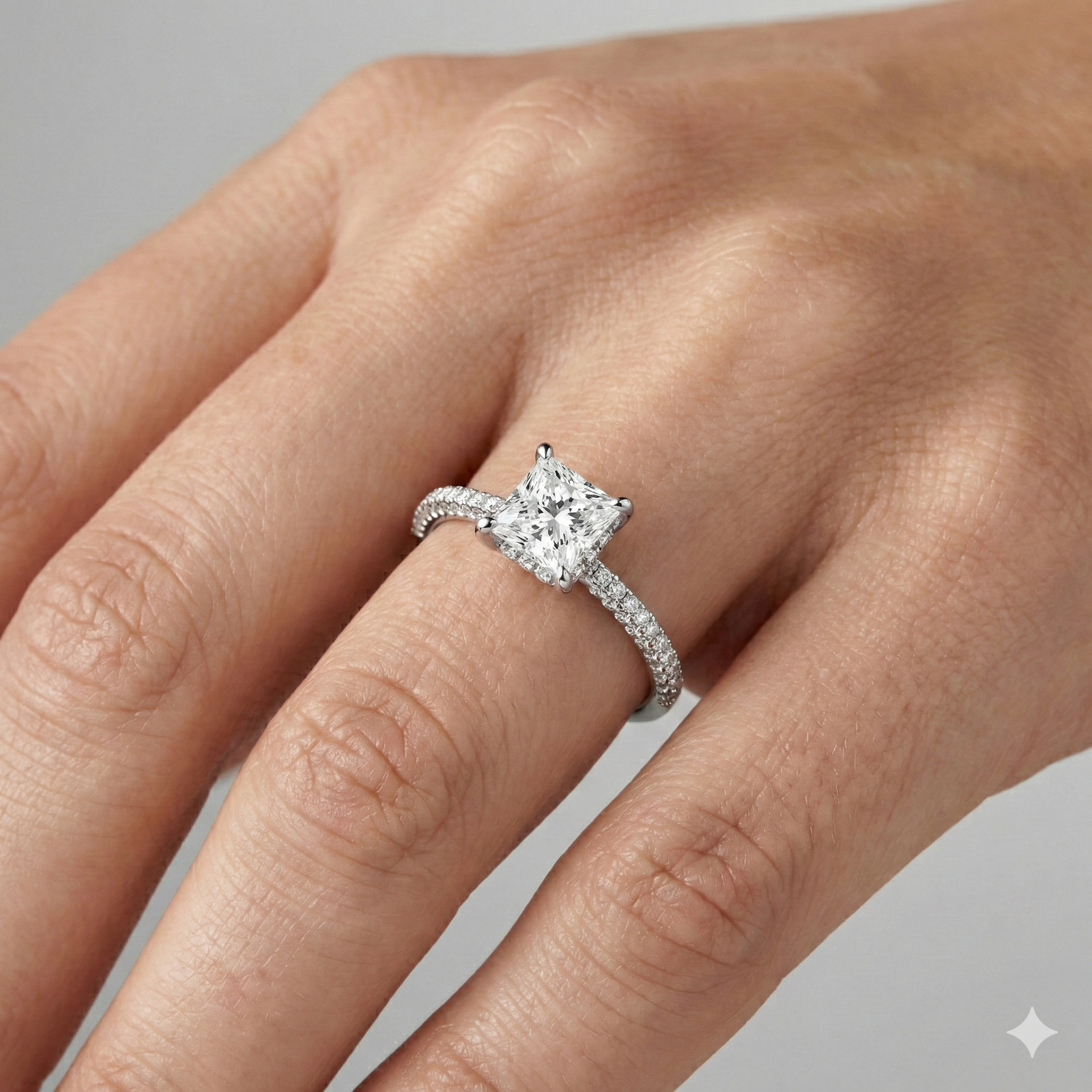 Princess cut diamond engagement ring in 14k white gold with a pavé diamond band and cathedral setting on a hand