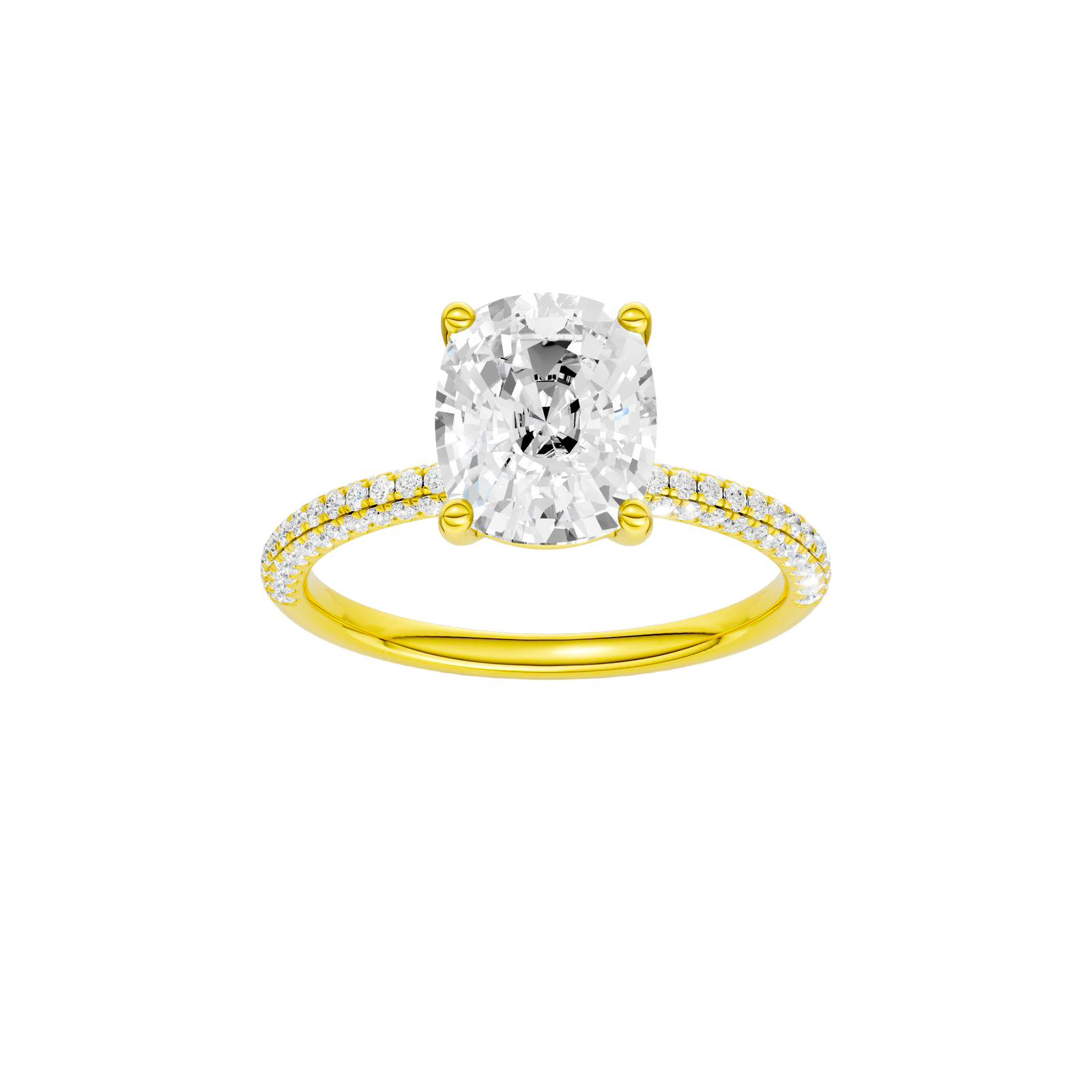 A front view of the Elongated Cushion cut diamond engagement ring in 14k yellow gold with a pavé diamond band and cathedral setting