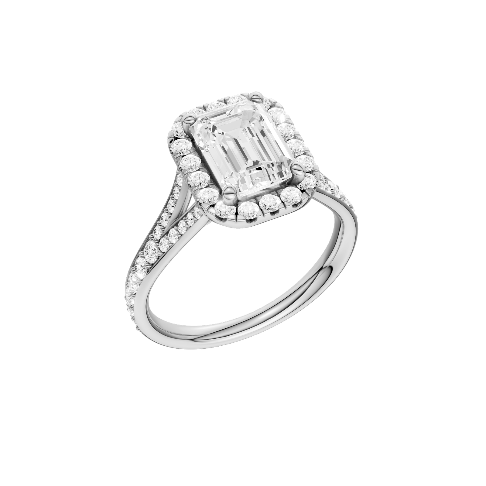 A three-quarter view of the Emerald cut diamond engagement ring in platinum with a diamond channel band and split setting