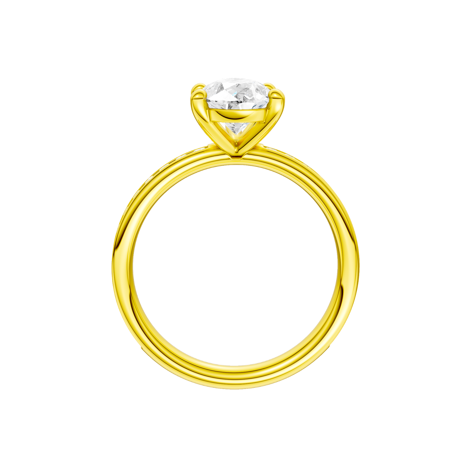 A profile view of the Pear cut diamond engagement ring in 14k yellow gold with a channel band and solitaire setting