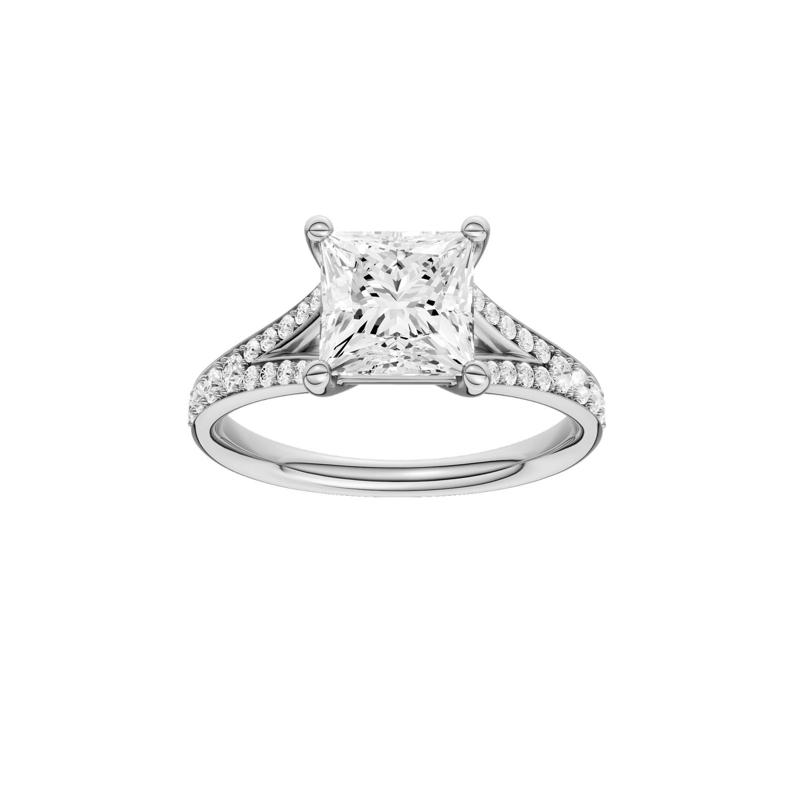A front view of the Princess cut diamond engagement ring in 14k white gold with a diamond channel band and split setting