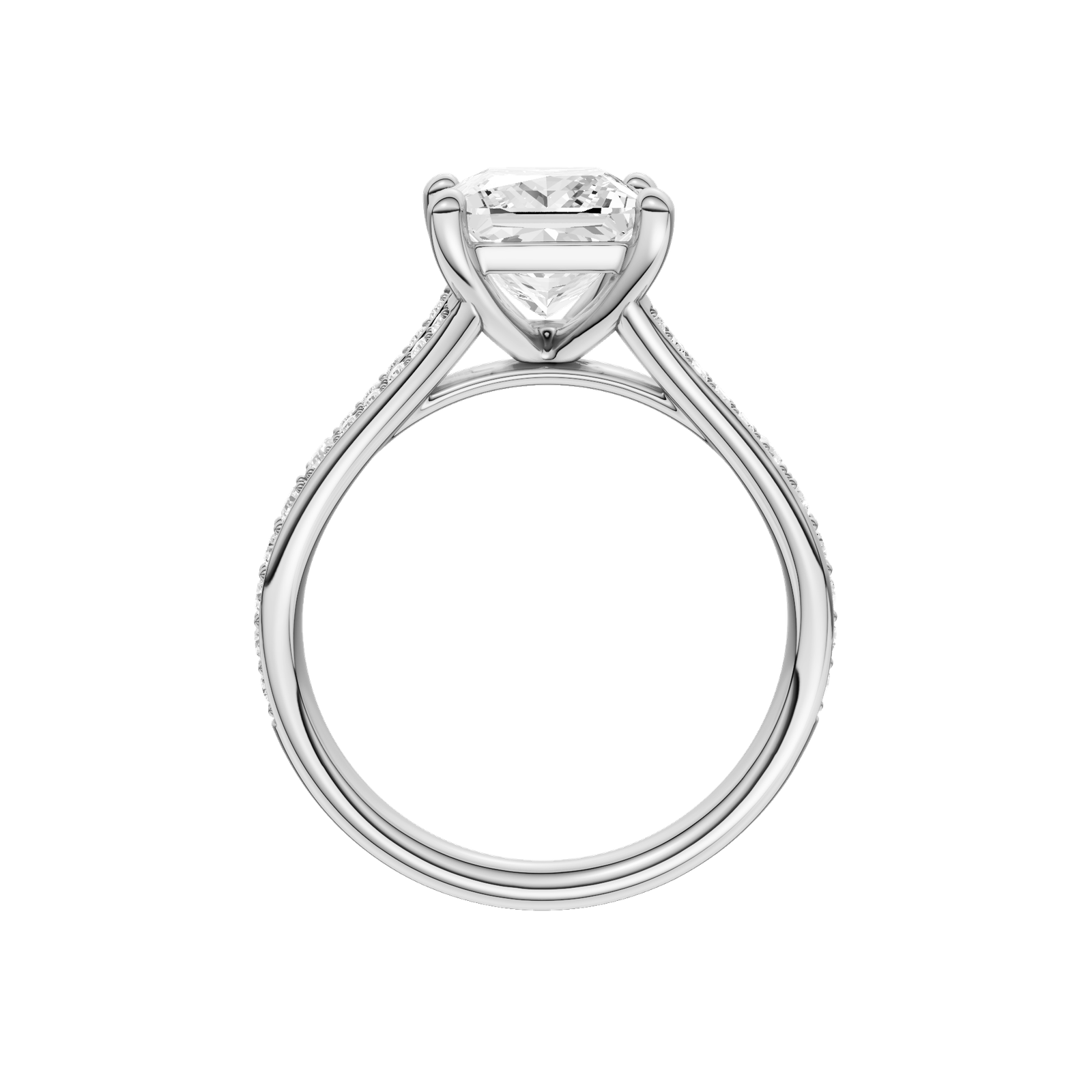 A profile view of the Princess cut diamond engagement ring in platinum with a diamond channel band and split setting